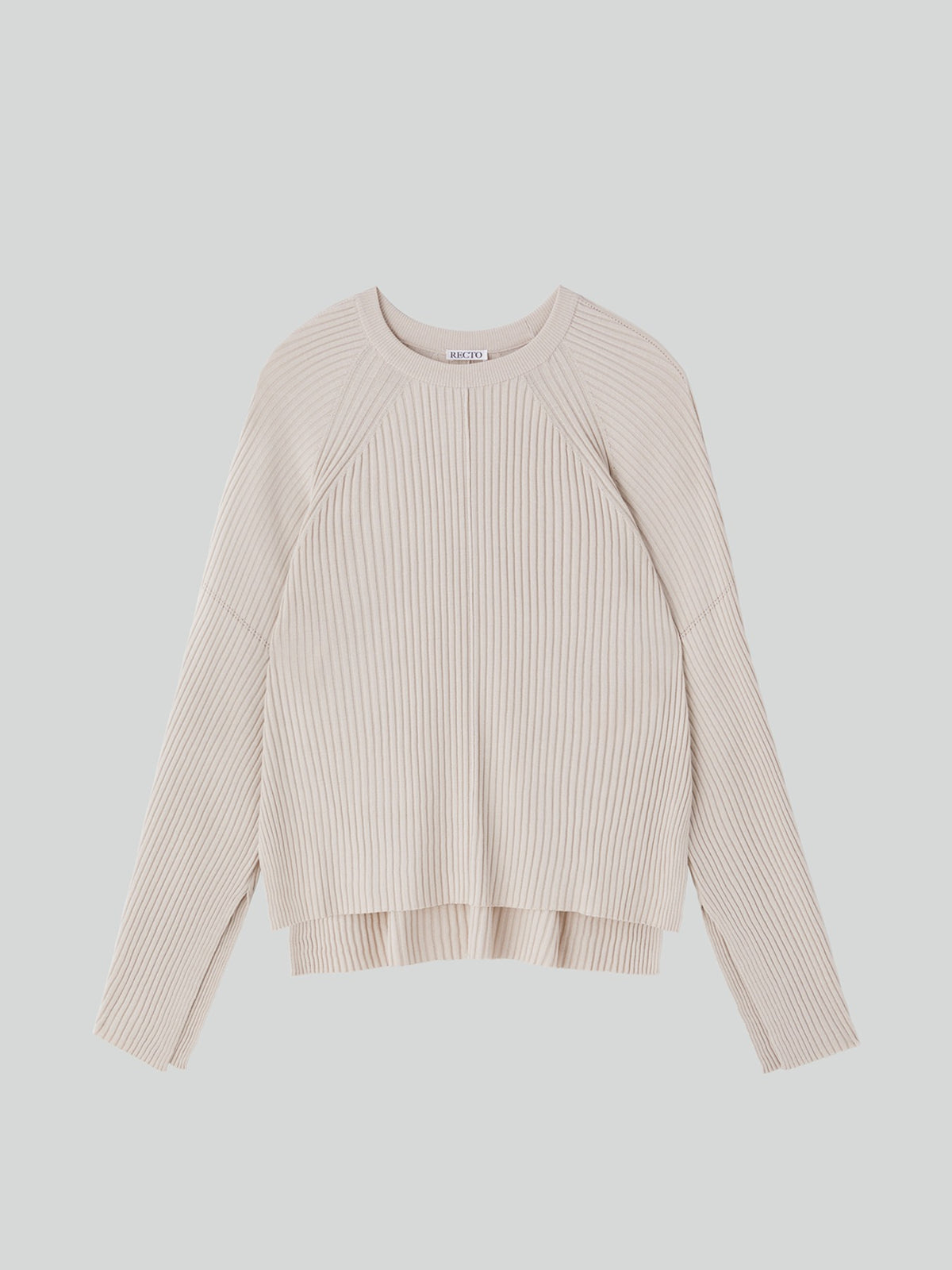 Slit-Cuffs Ribbed Knit Top (Light Beige)