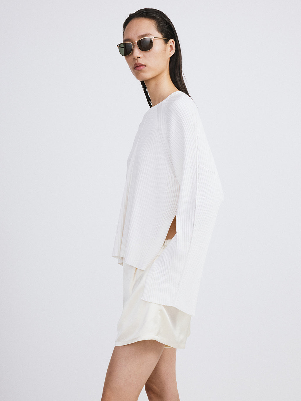 Slit-Cuffs Ribbed Knit Top (Ivory)