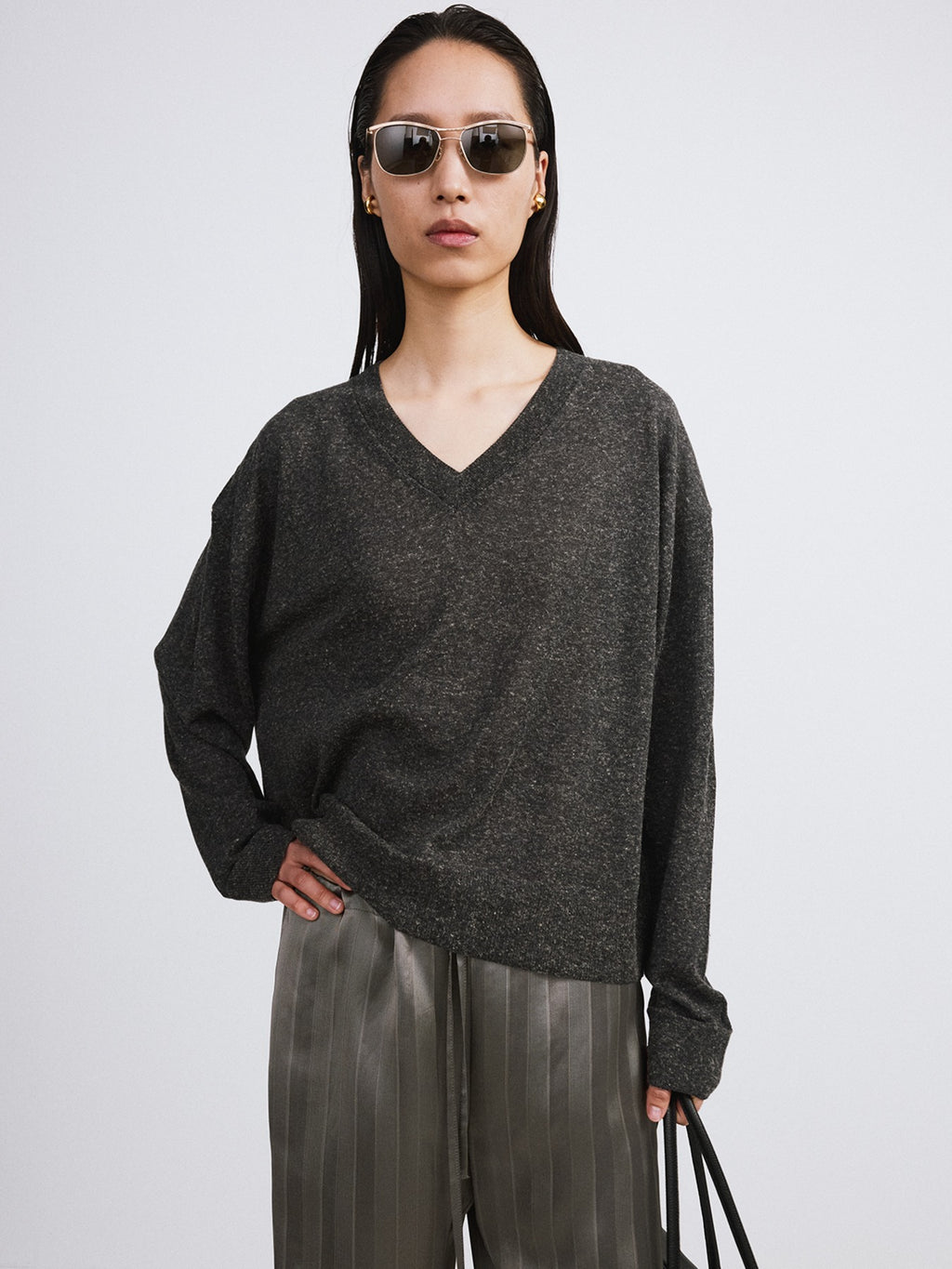 Melange V-Neck Loose Knit Top (Charcoal Grey)