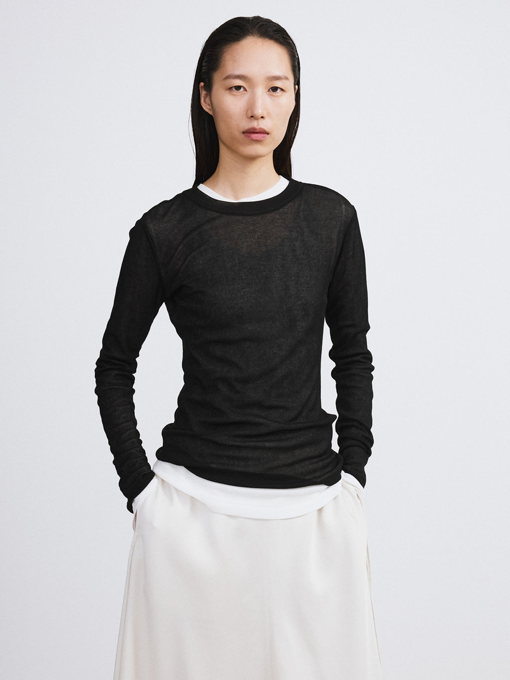 Sheer Jersey Long Sleeve Top (Black)
