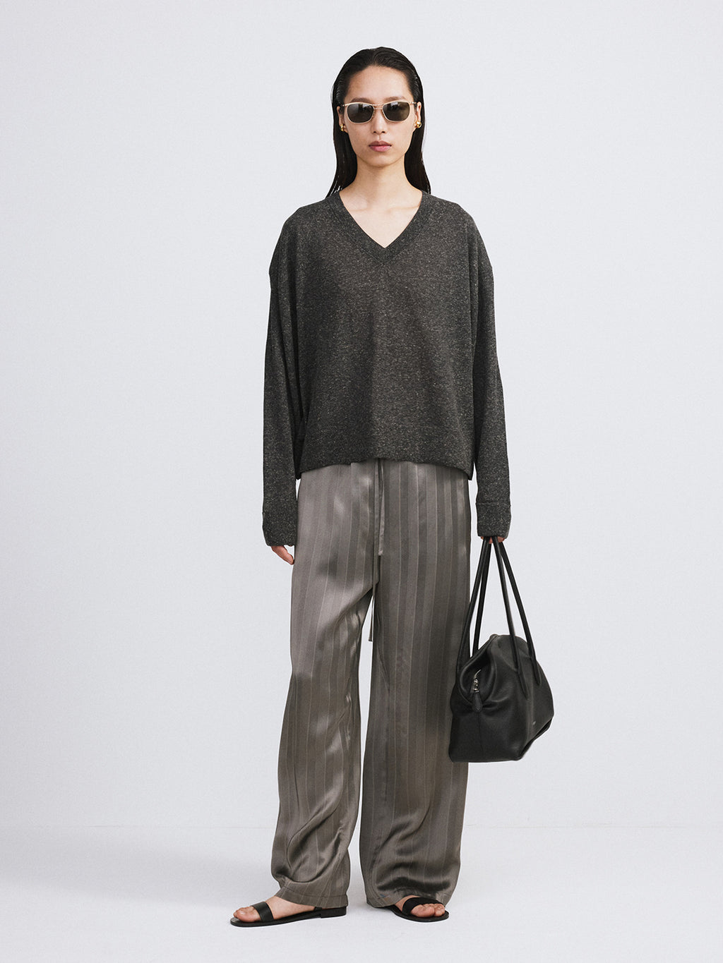 Melange V-Neck Loose Knit Top (Charcoal Grey)