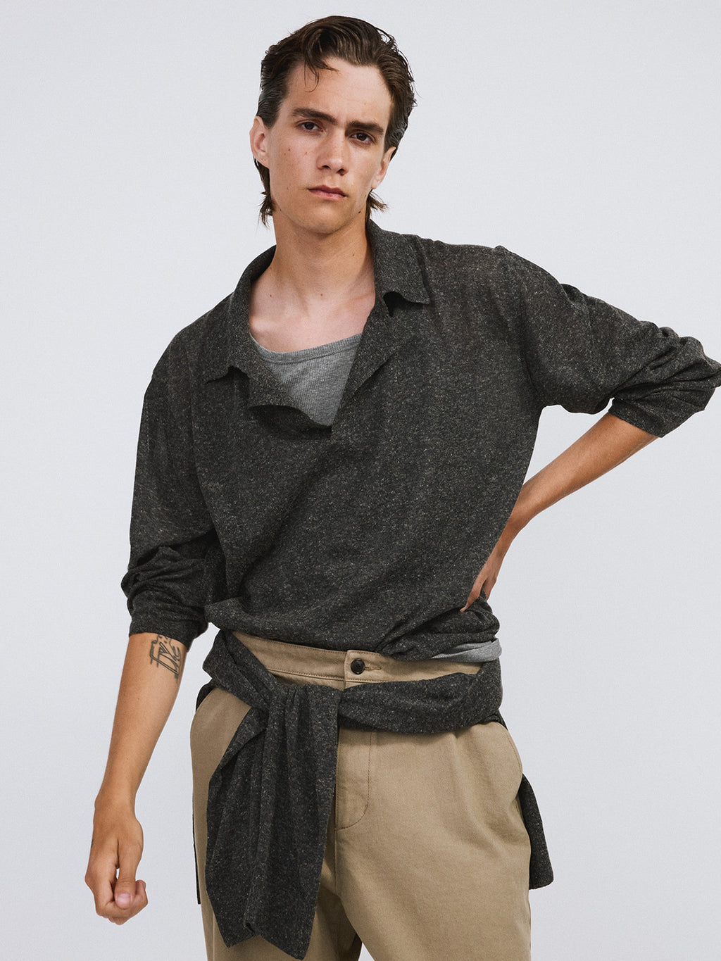 Linen Blend Polo Top (Charcoal Grey)