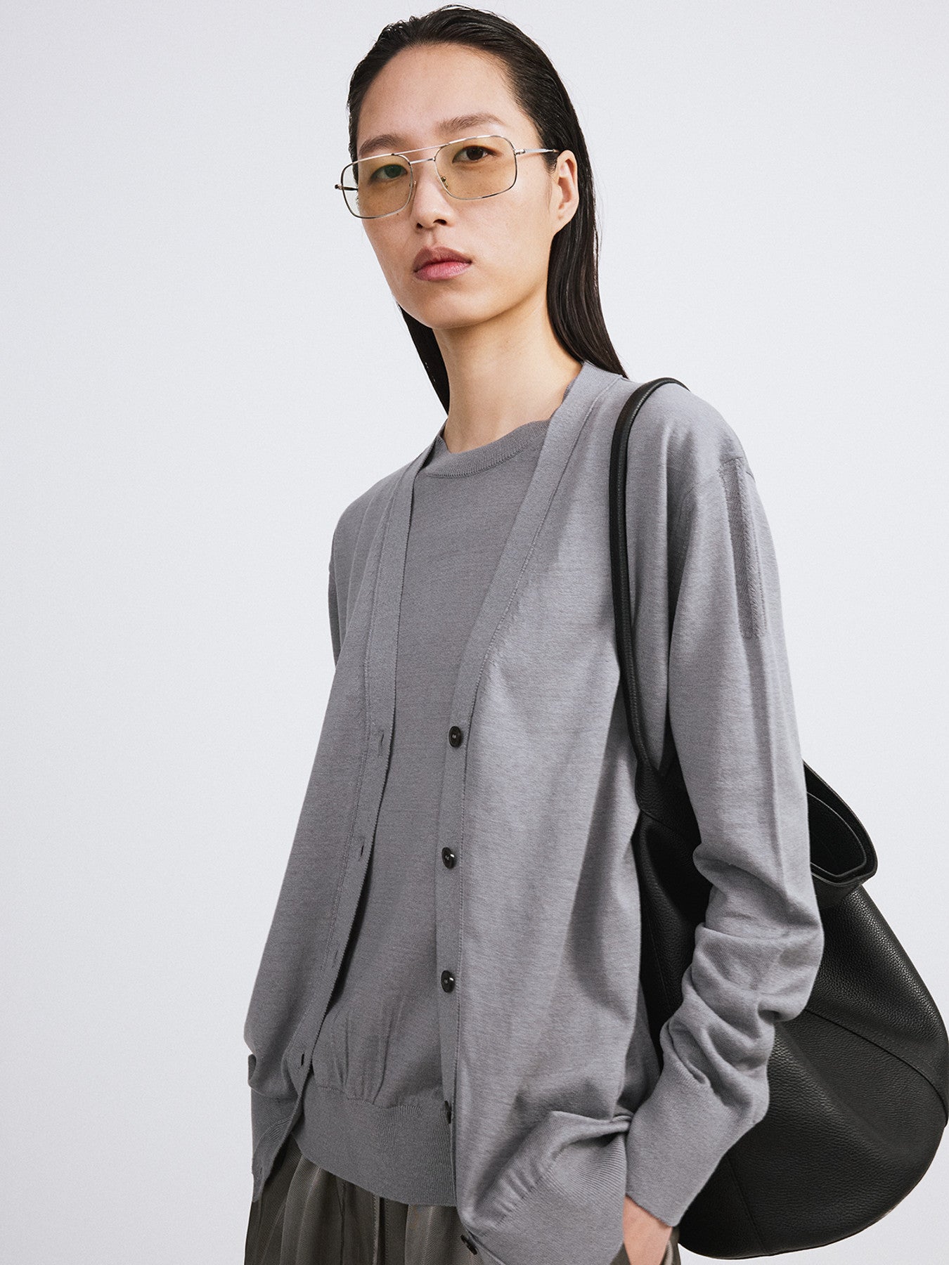 Silk-Linen Blend Layered Knit Top (Cool Grey)