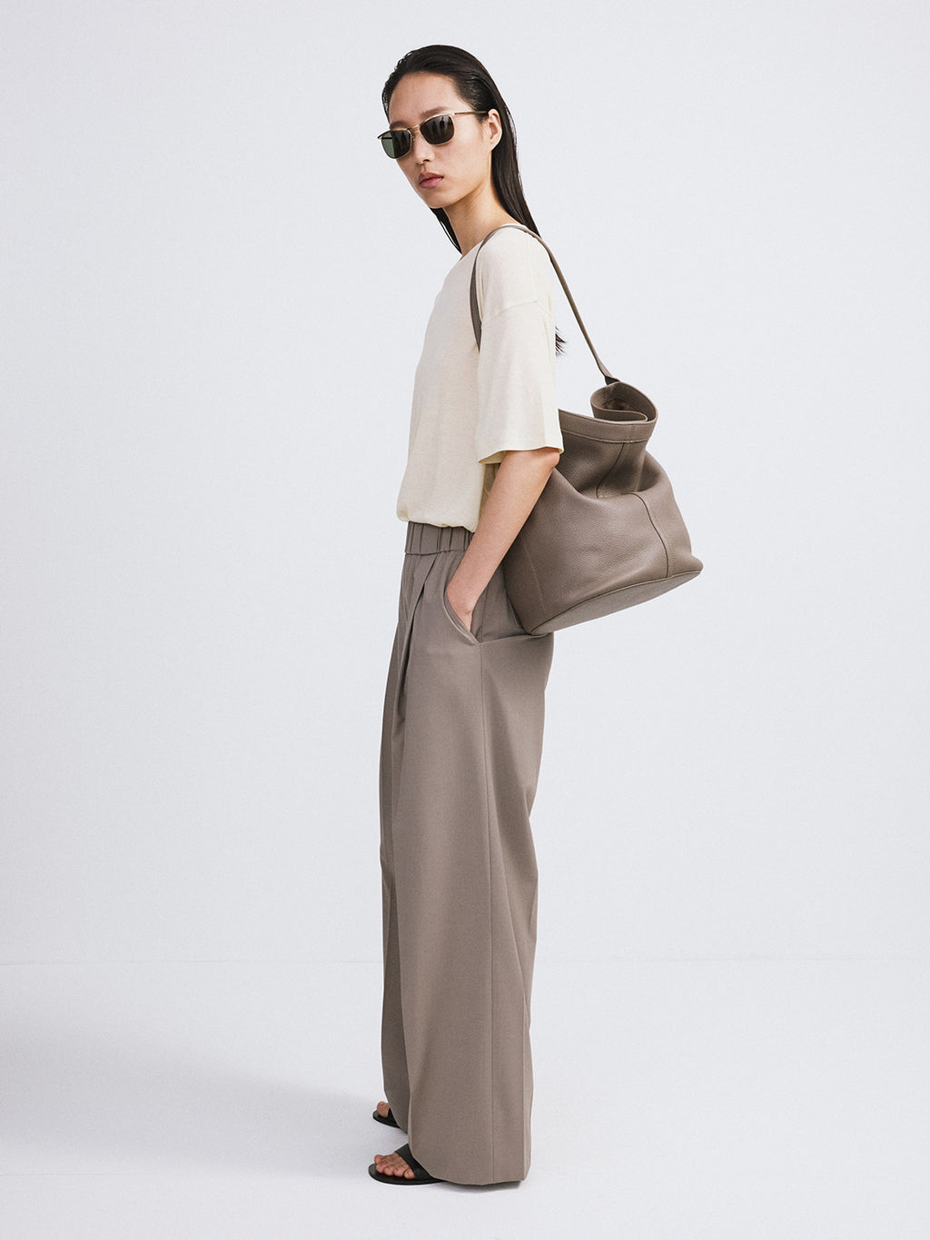 Banding Waist Wide Pants (Taupe Grey)