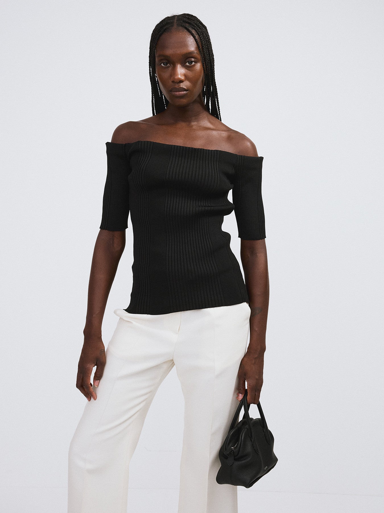 Off Shoulder Ribbed Knit Top (Black)
