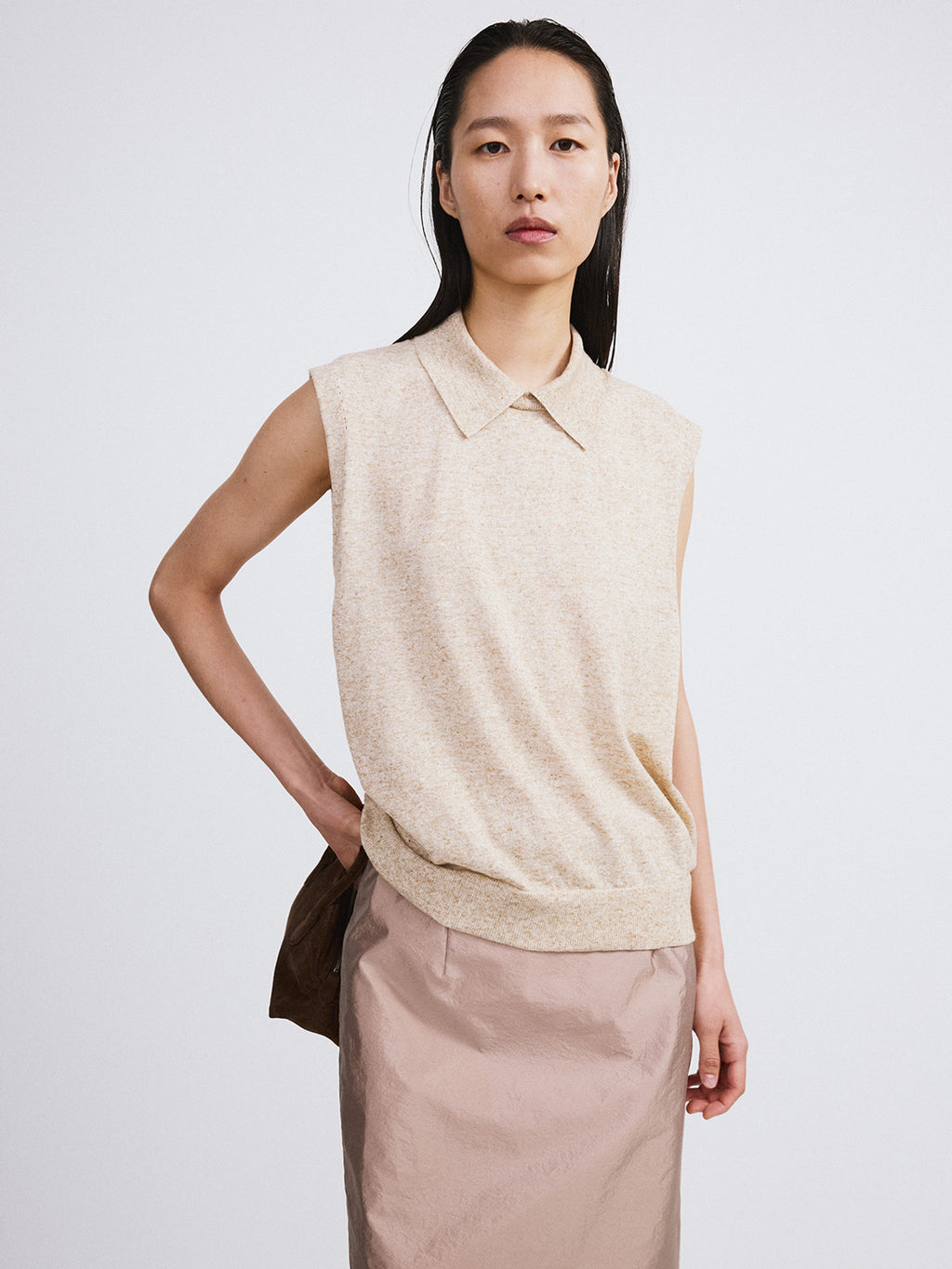 Linen Blend Polo Knit Vest (Oatmeal)