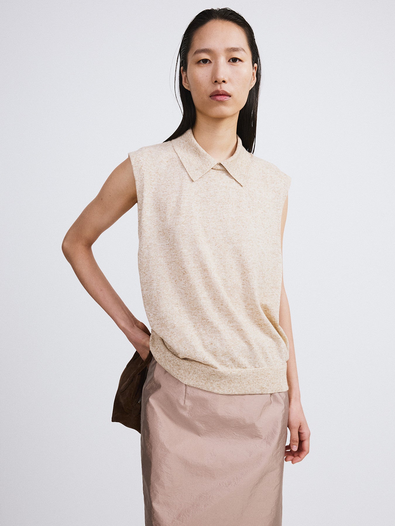 Linen Blend Polo Knit Vest (Oatmeal)