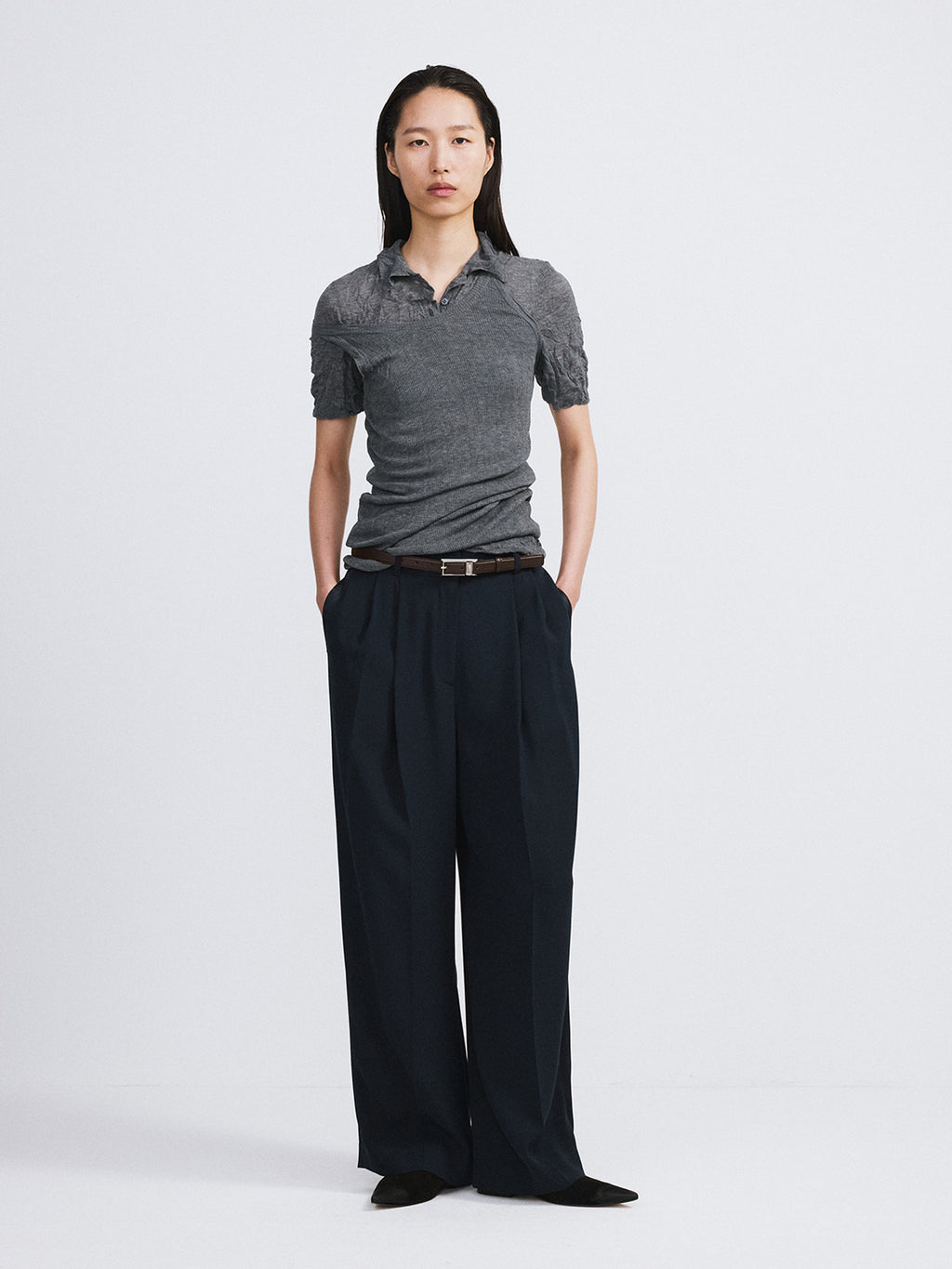 Tuxedo Detail Fluid Suit Pants (Dark Navy)