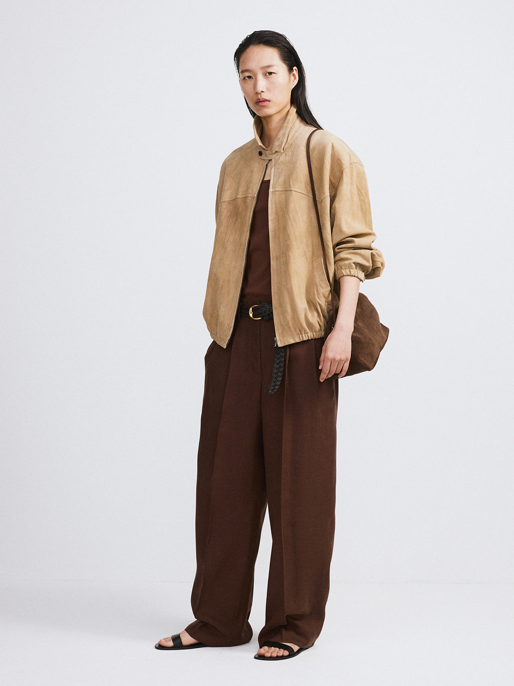 Linen Blend Pleated Pants (Chocolate Brown)