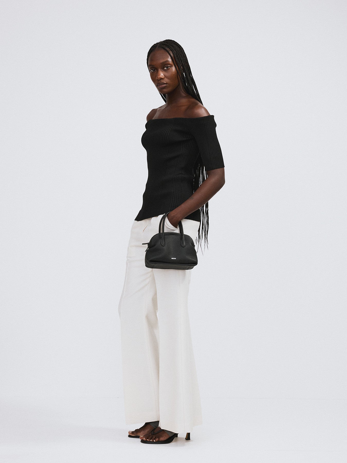 Off Shoulder Ribbed Knit Top (Black)