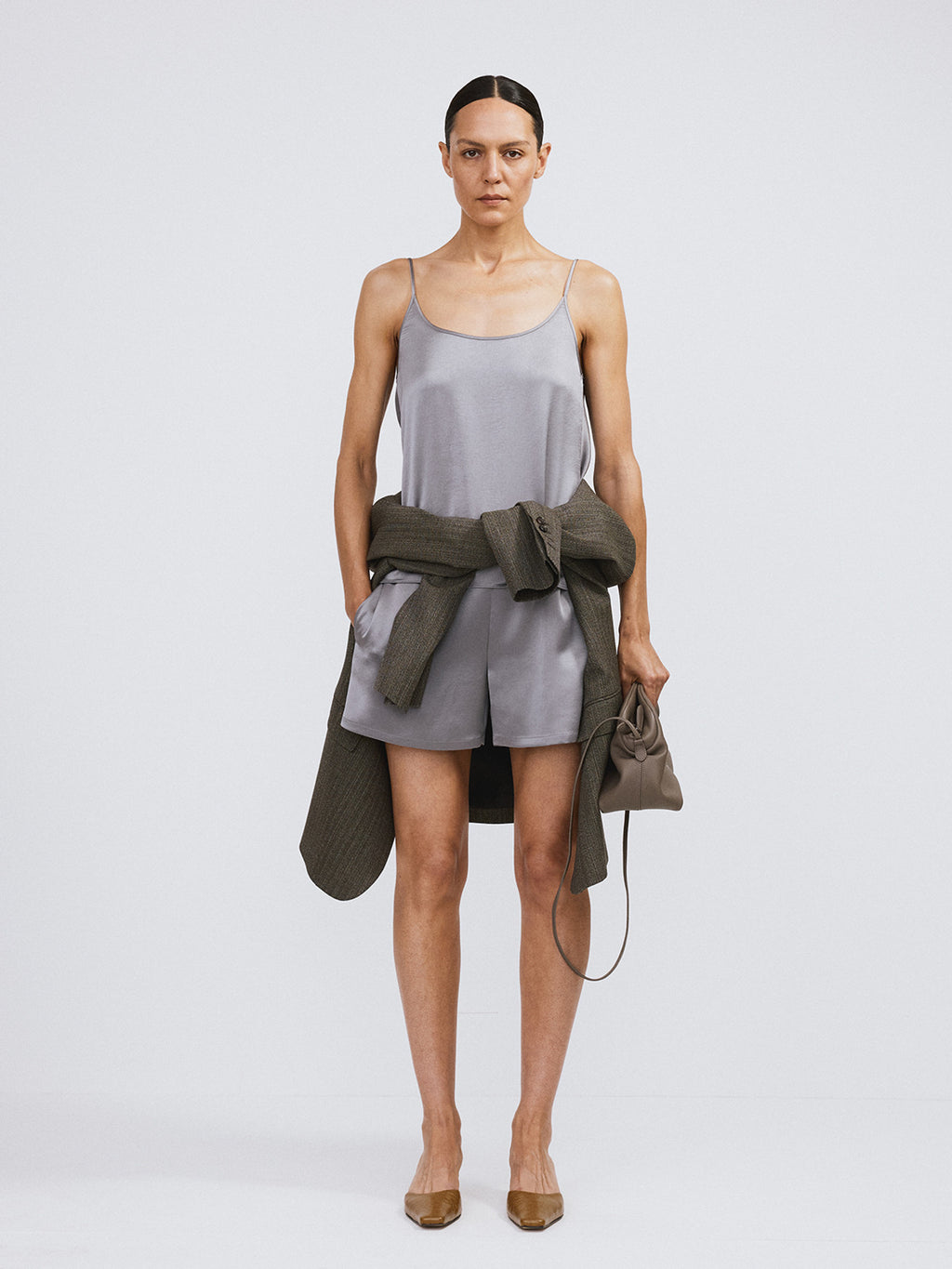 Satin Back Banding Shorts (Stone Grey)