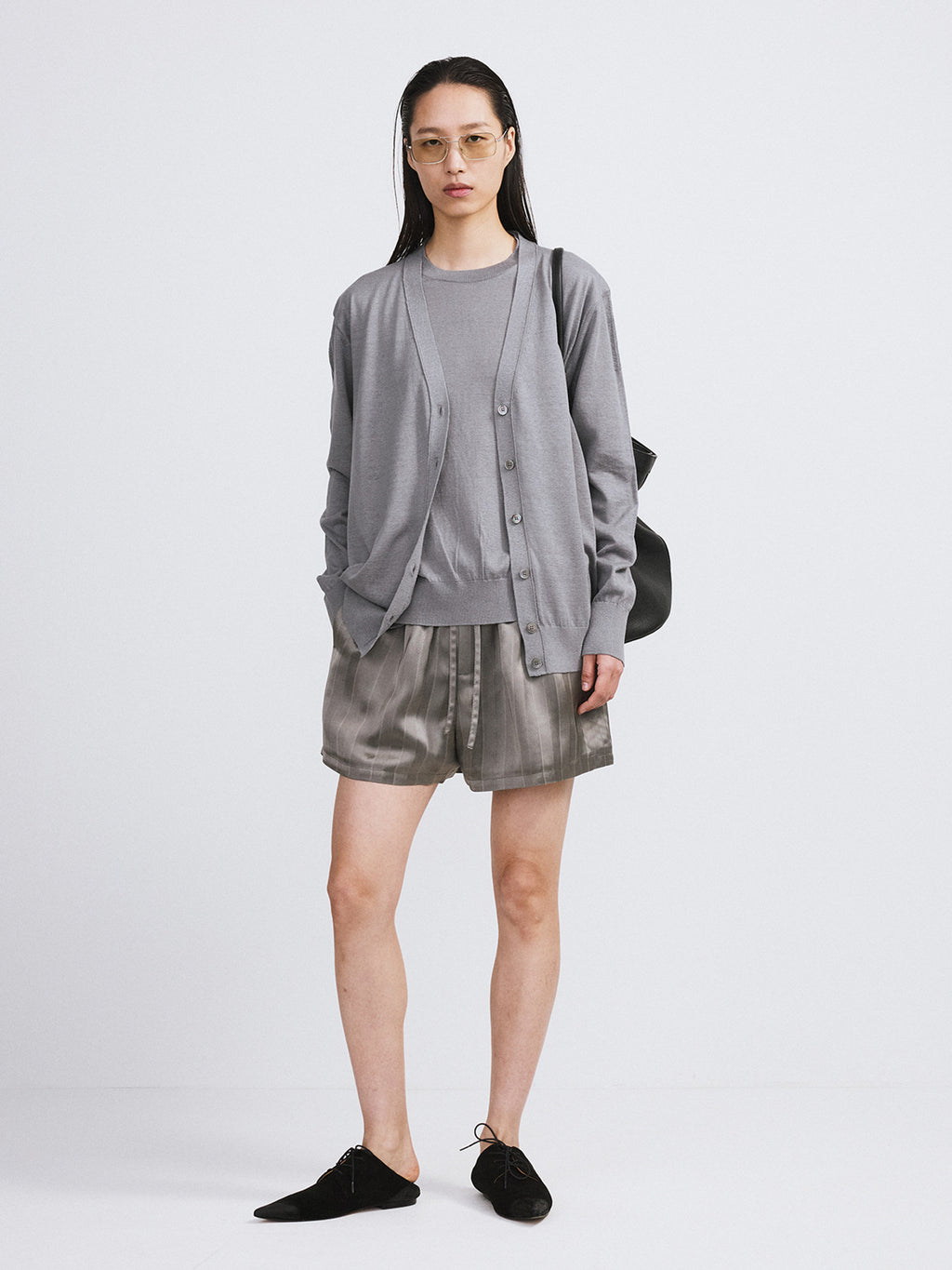 Silk-Linen Blend Layered Knit Top (Cool Grey)
