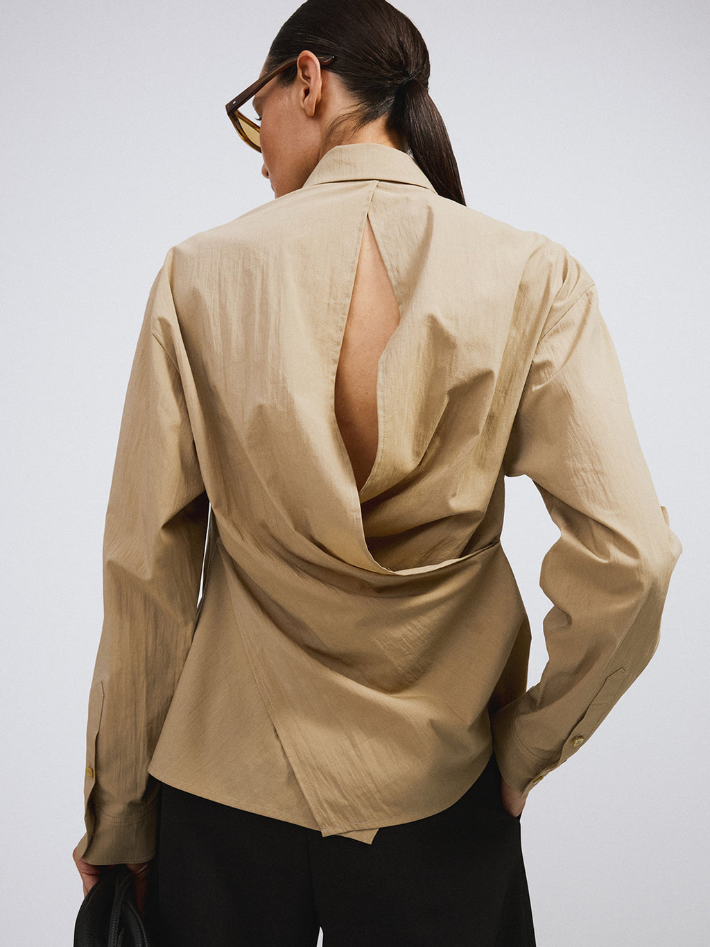 Open Back Draped Shirt (Khaki Beige)