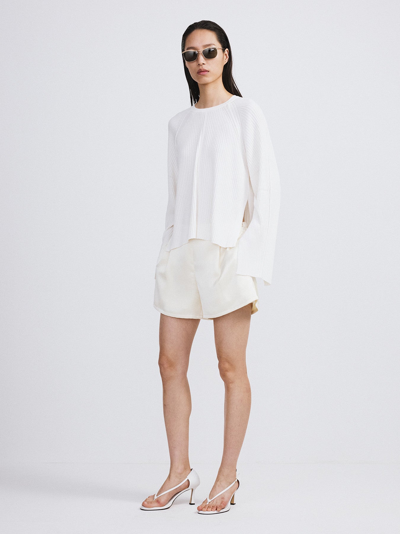 Slit-Cuffs Ribbed Knit Top (Ivory)