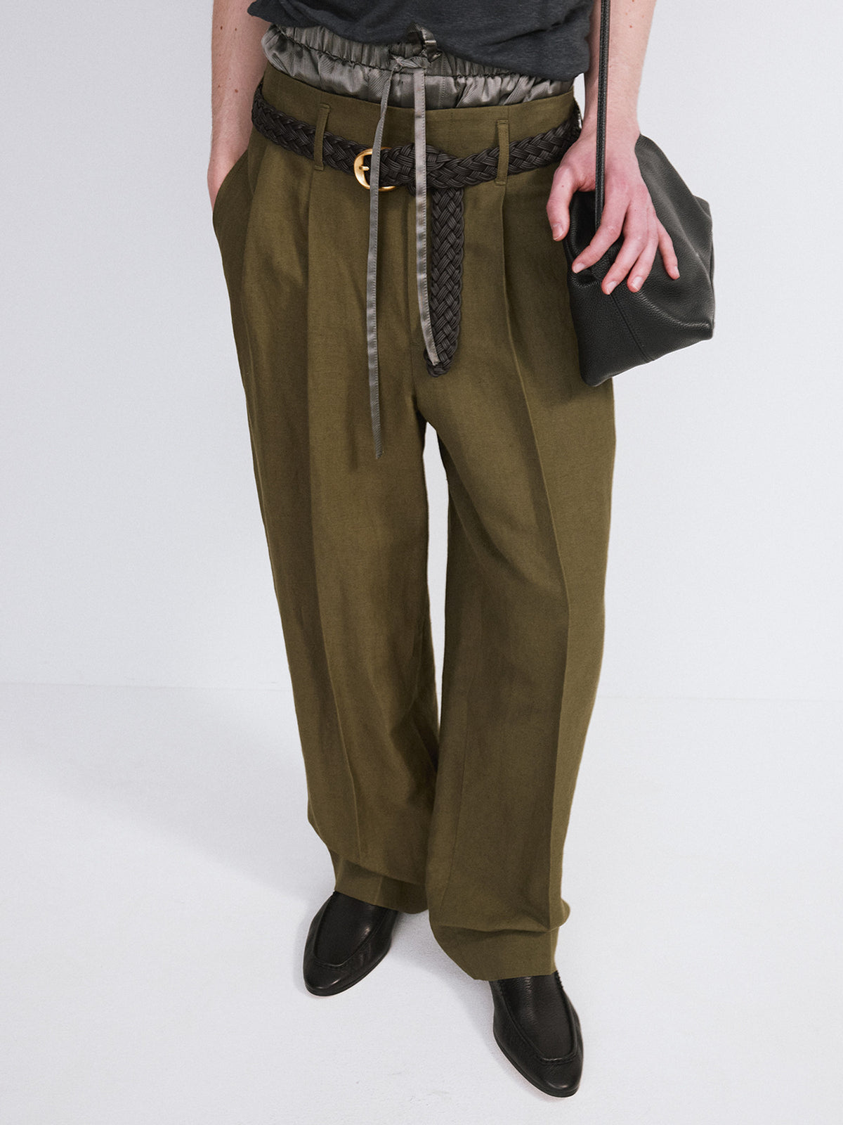 Linen Blend Pleated Pants (Khaki)