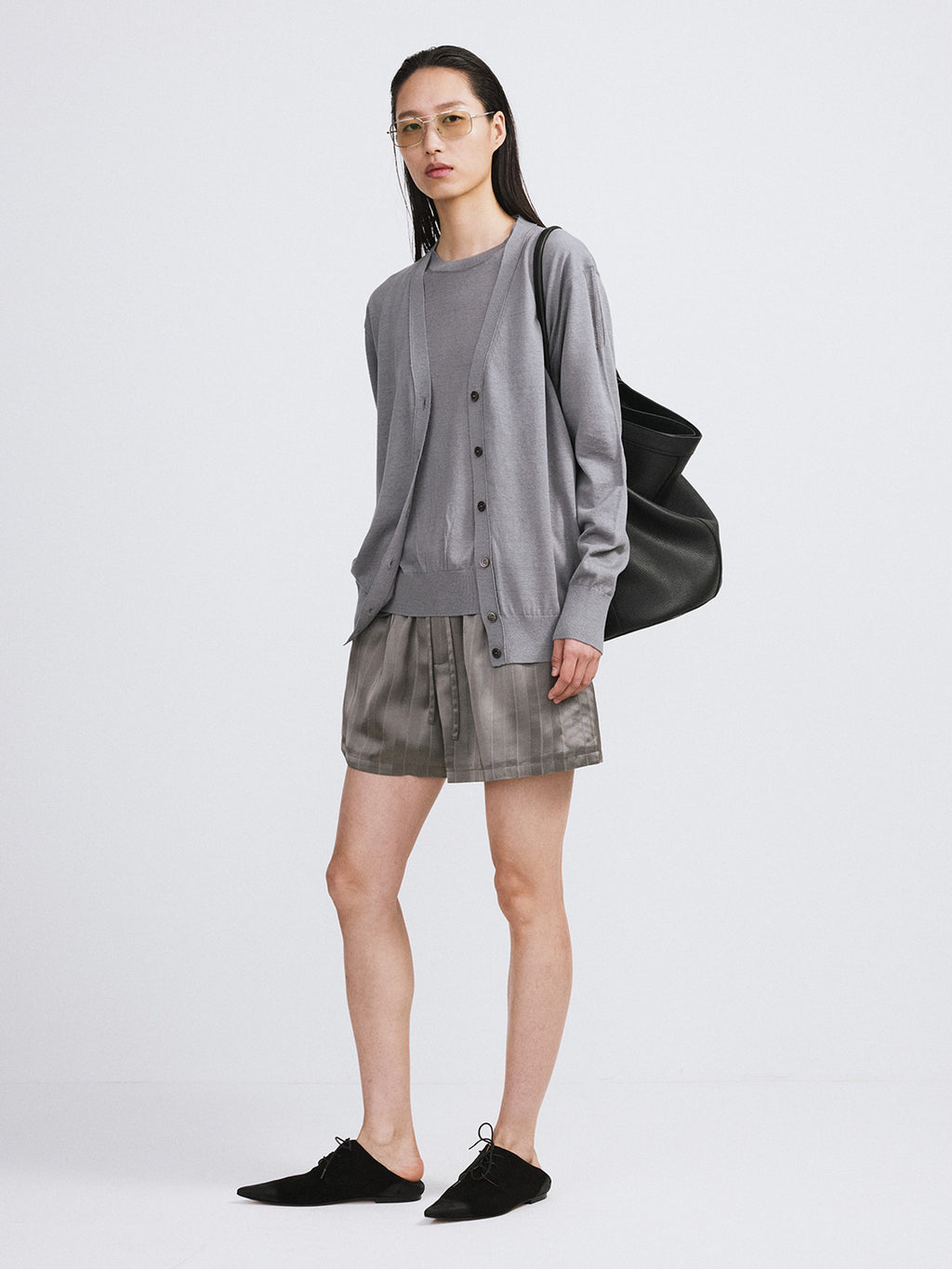 Silk-Linen Blend Layered Knit Top (Cool Grey)