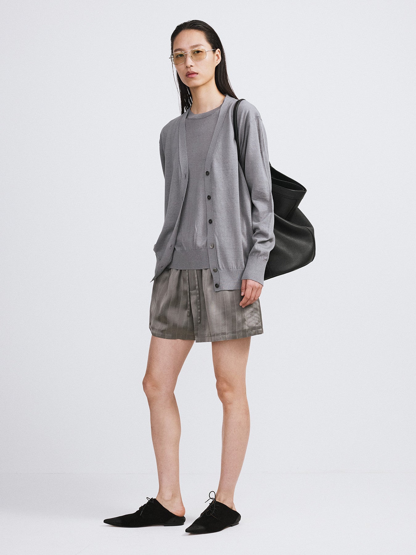 Silk-Linen Blend Layered Knit Top (Cool Grey)
