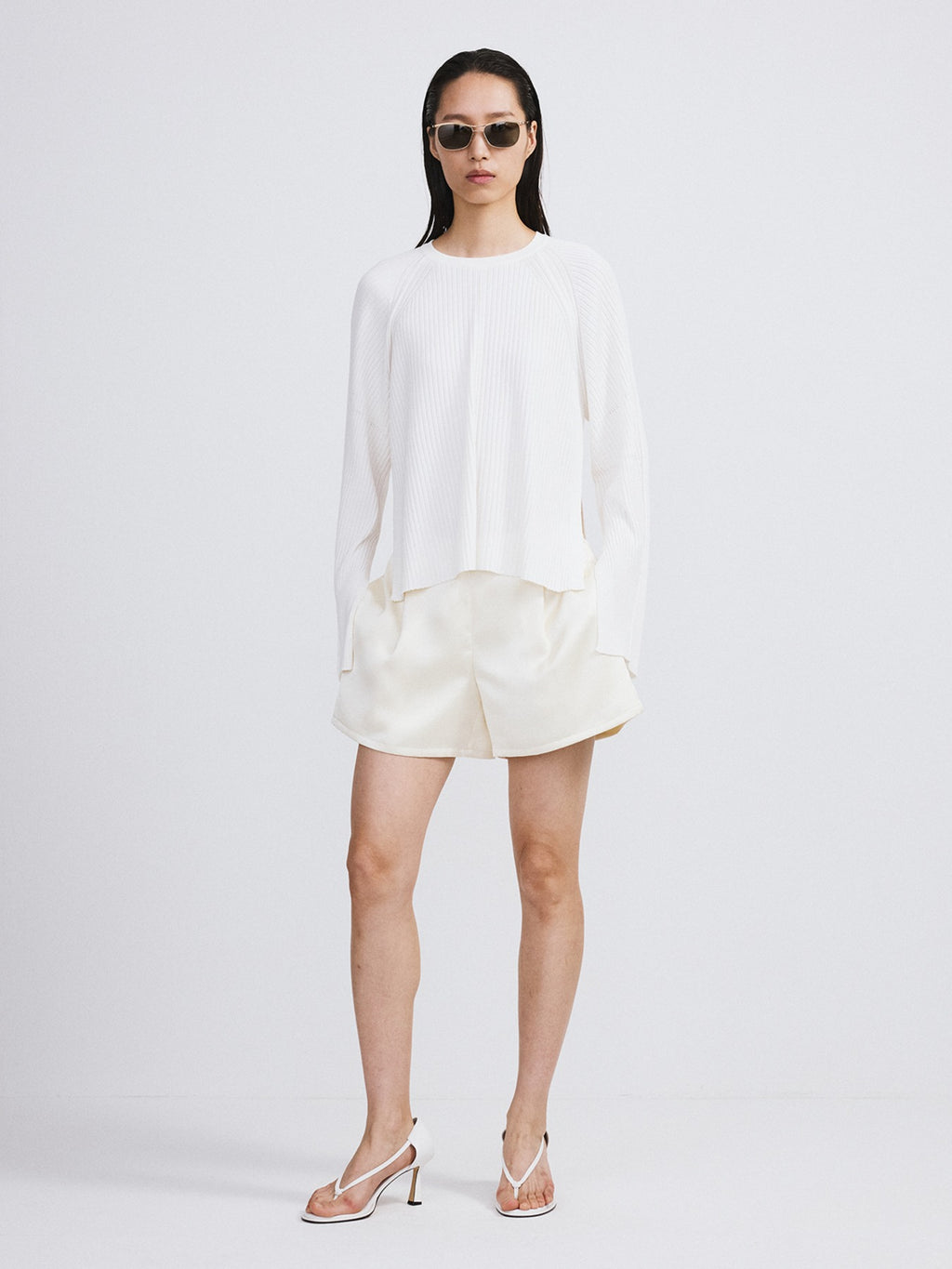 Slit-Cuffs Ribbed Knit Top (Ivory)