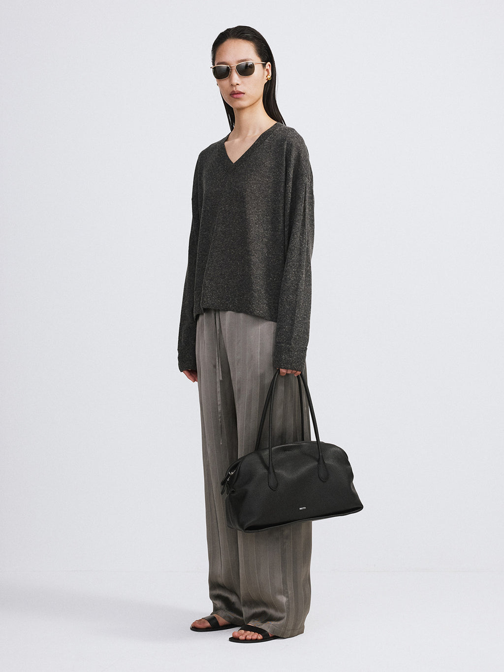 Melange V-Neck Loose Knit Top (Charcoal Grey)