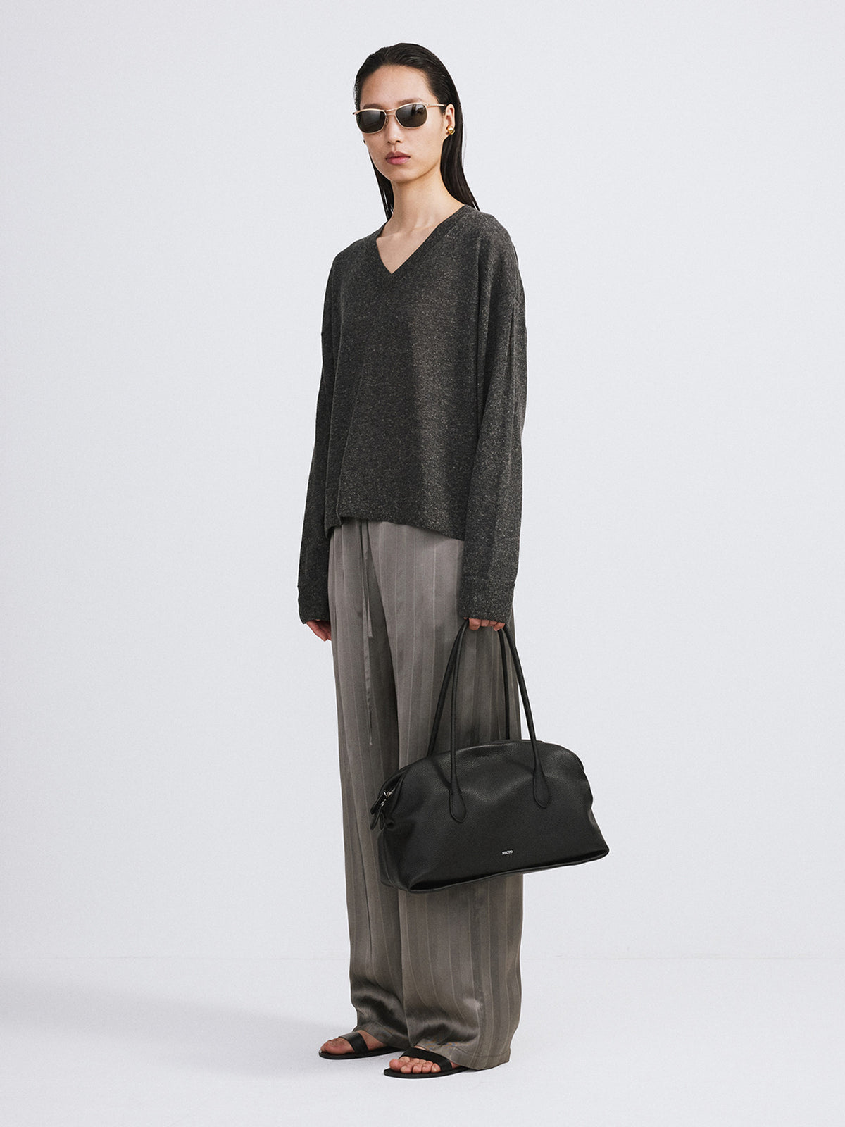 Melange V-Neck Loose Knit Top (Charcoal Grey)