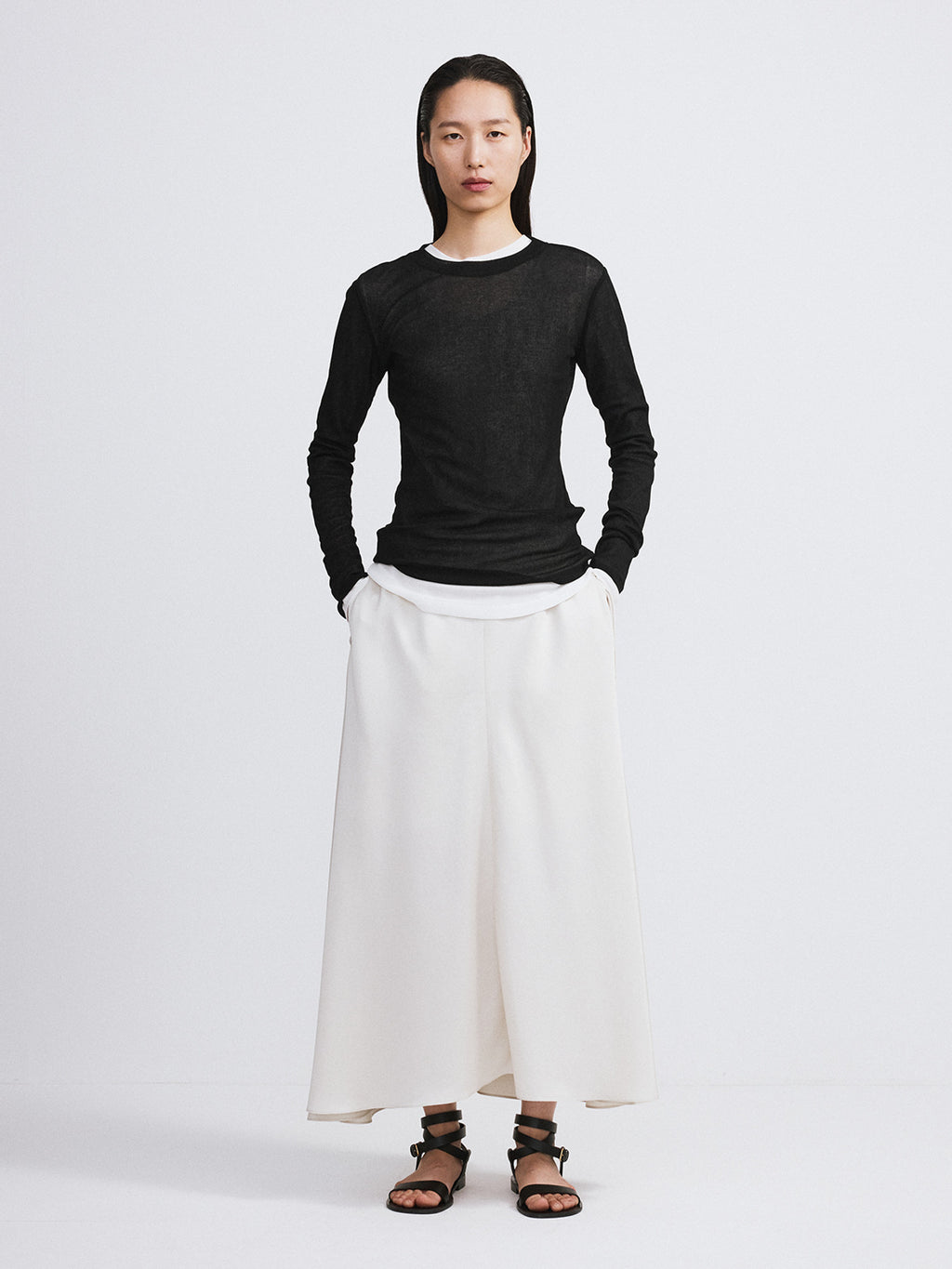 Sheer Jersey Long Sleeve Top (Black)
