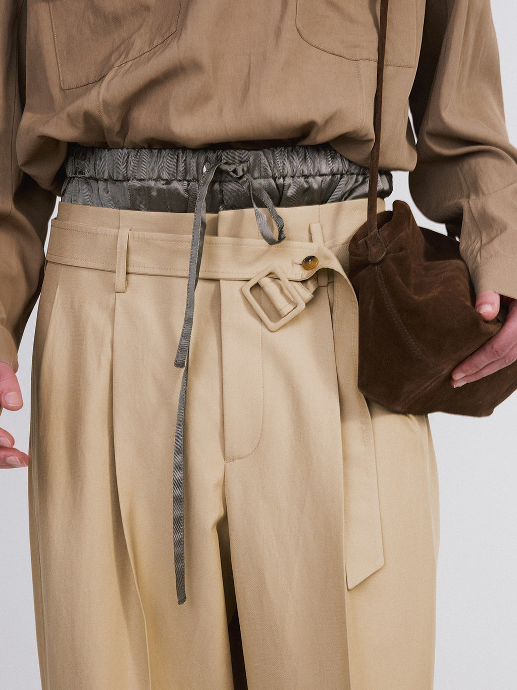 High Waist Belted Pants (Khaki Beige)