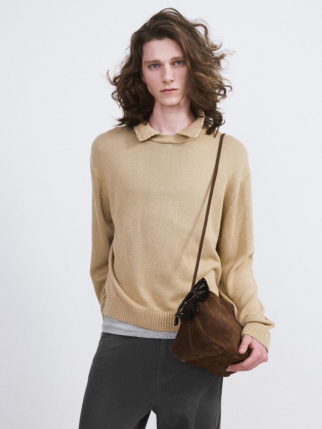 Waffle Collar Knit Top (Beige Khaki)