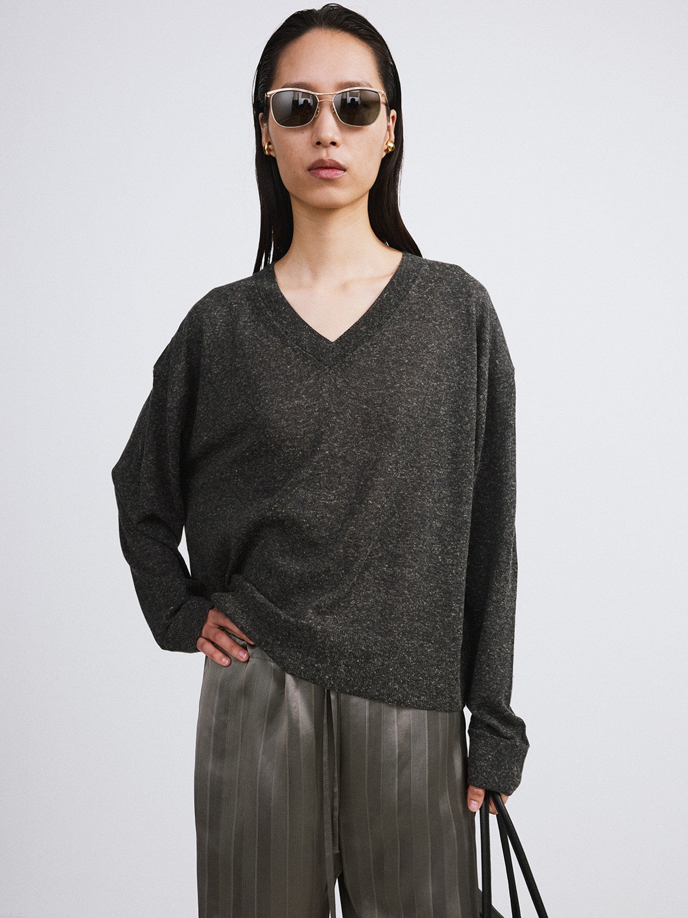 Melange V-Neck Loose Knit Top (Charcoal Grey)
