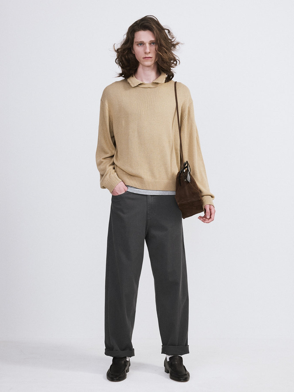 Waffle Collar Knit Top (Beige Khaki)
