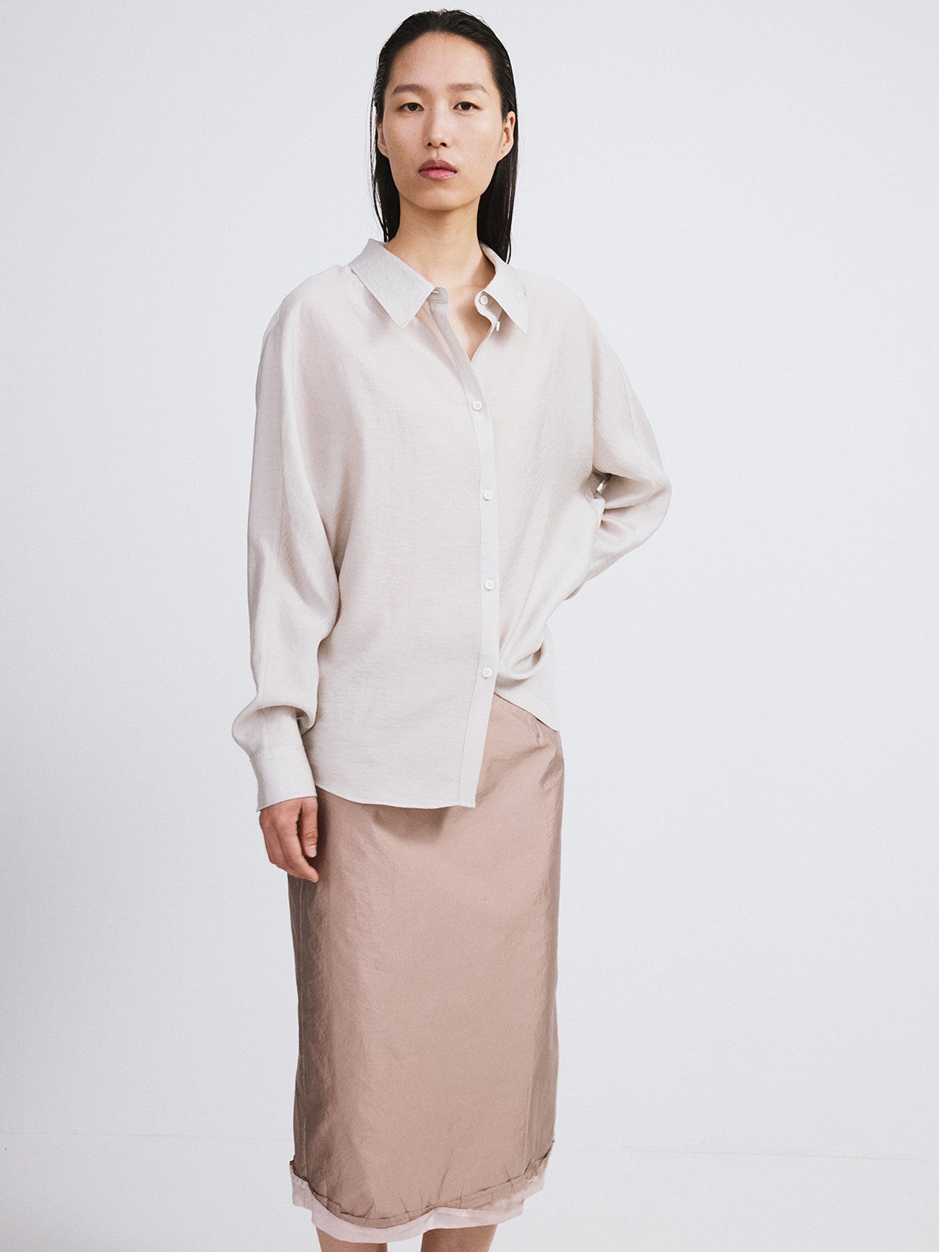 Silk Blend Volume Shirt (Light Taupe)