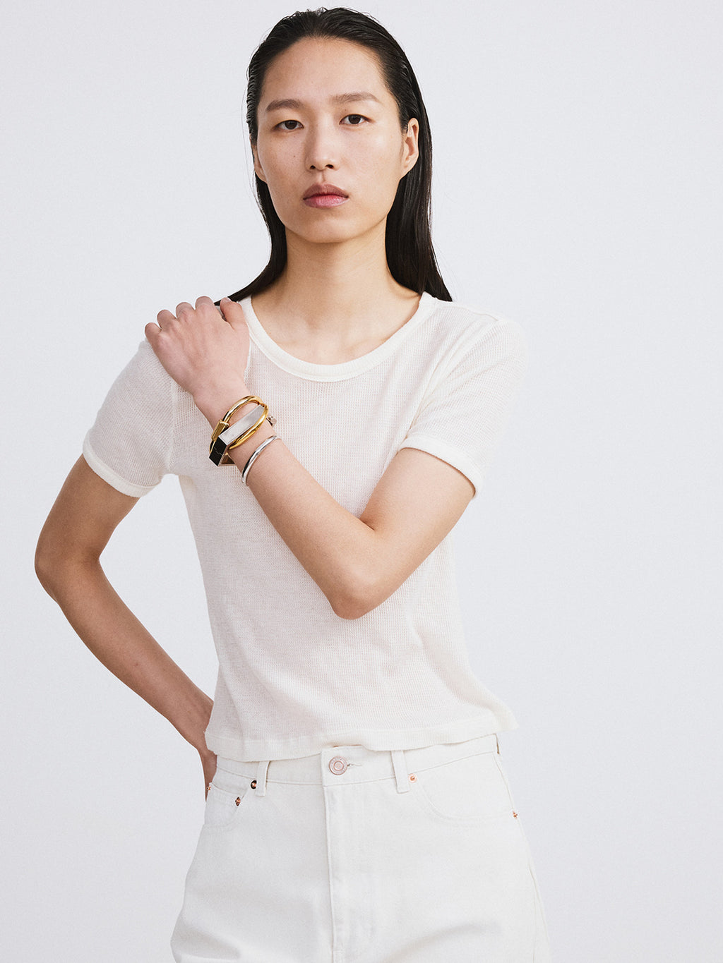 Cashmere Blend Fitted T-Shirt (Cream)