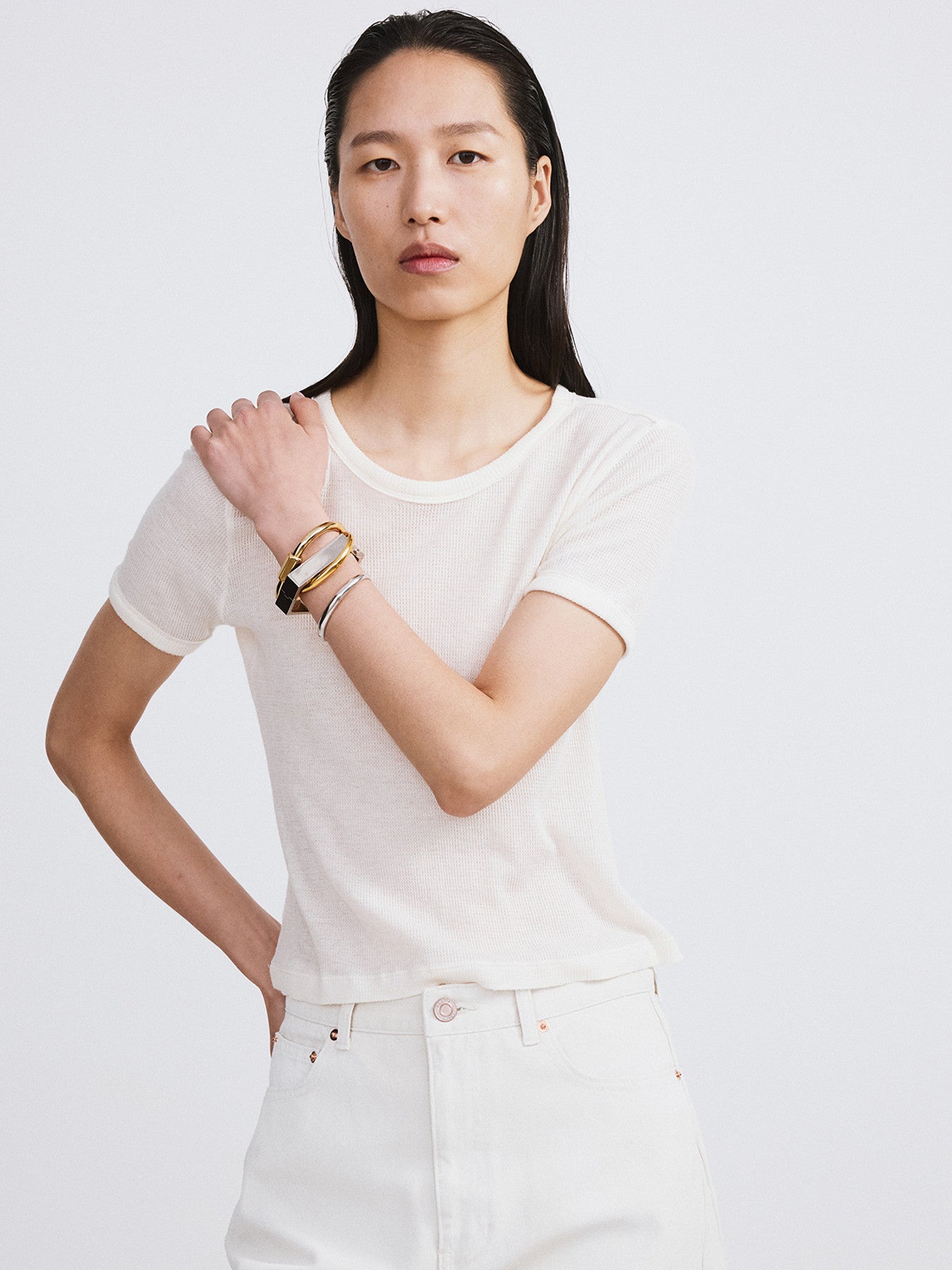 Cashmere Blend Fitted T-Shirt (Cream)