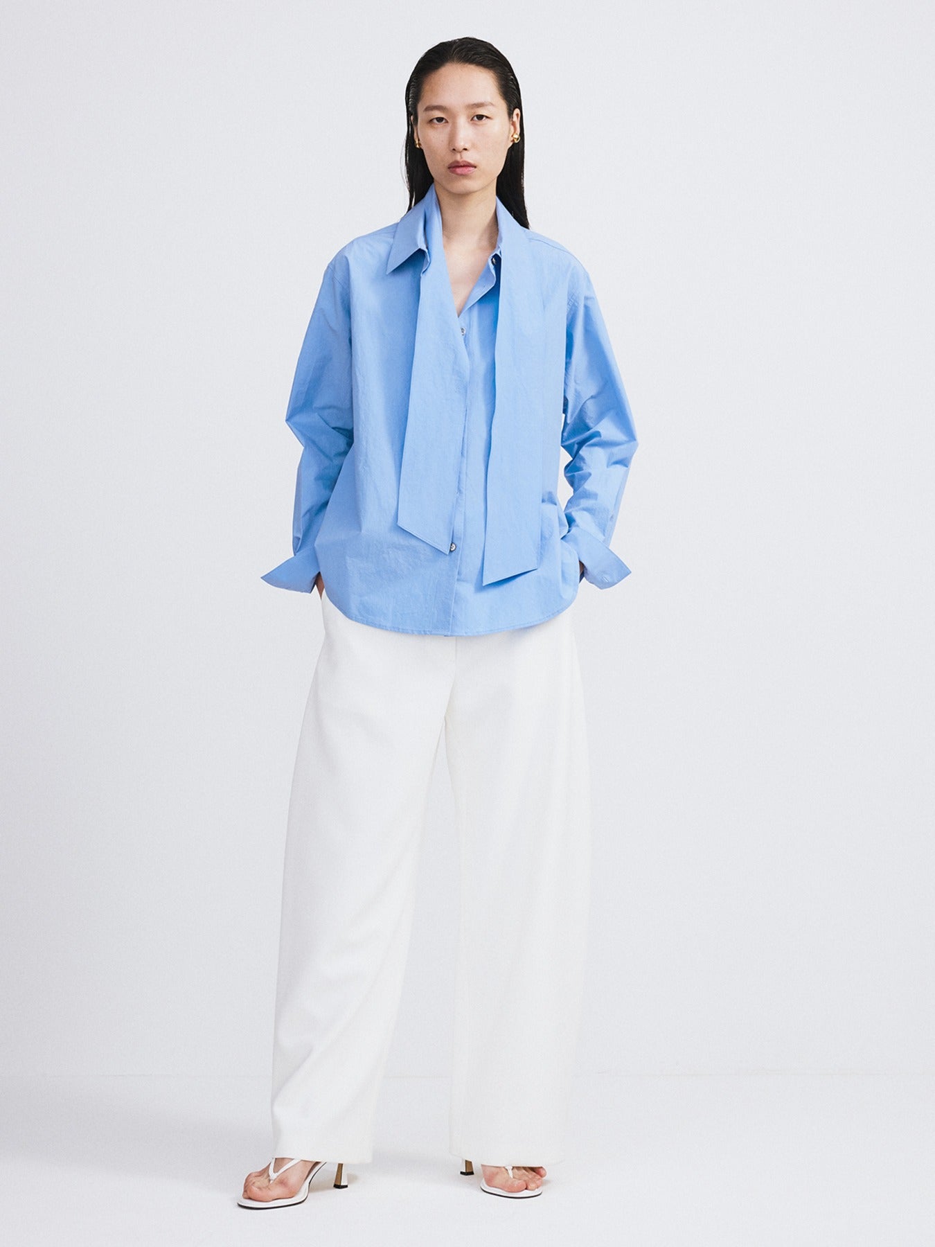 Detachable Scarf Cotton Shirt (Baby Blue)