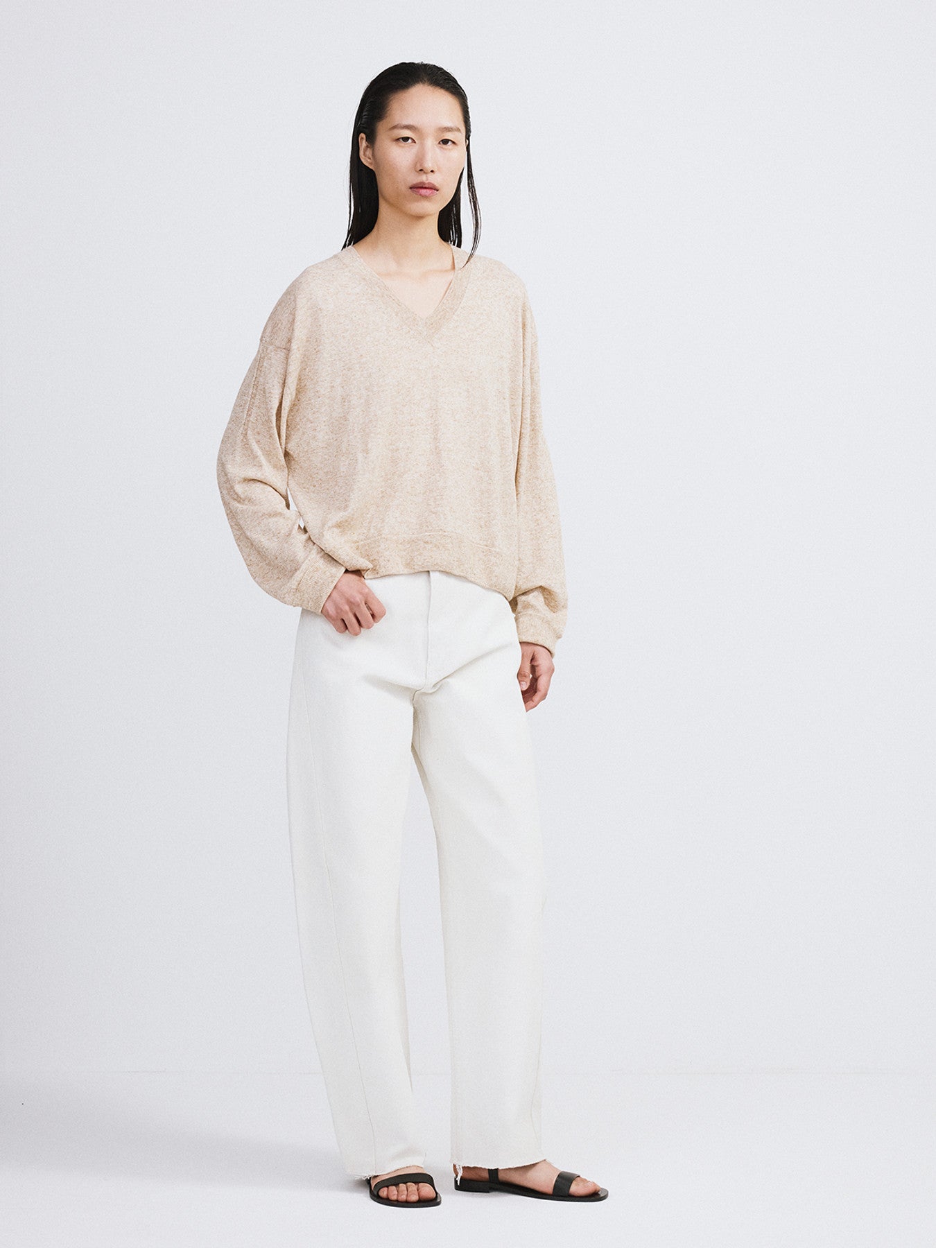 Melange V-Neck Loose Knit Top (Oatmeal)