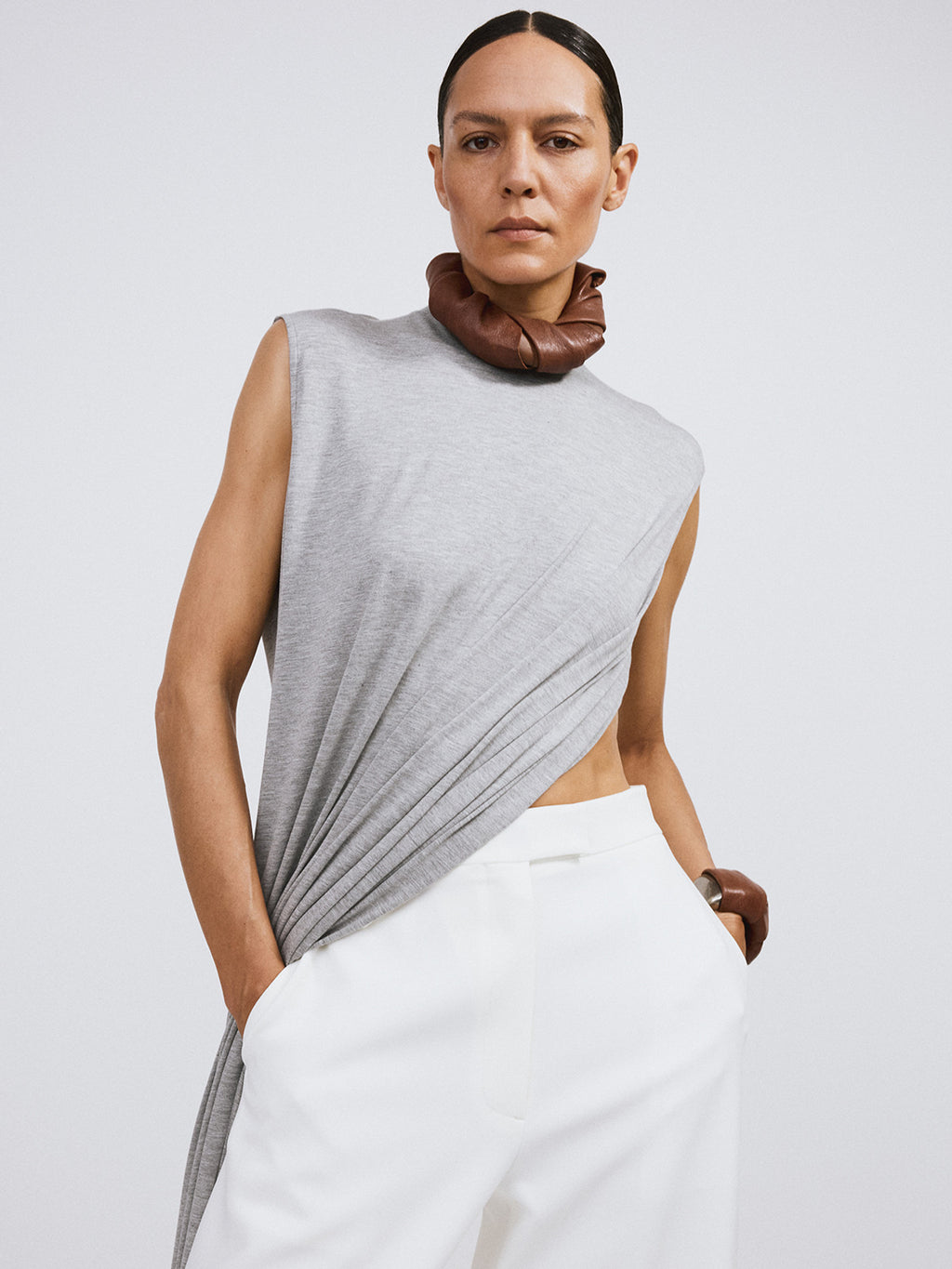 Open Back Jersey Long Top (Melange Grey)