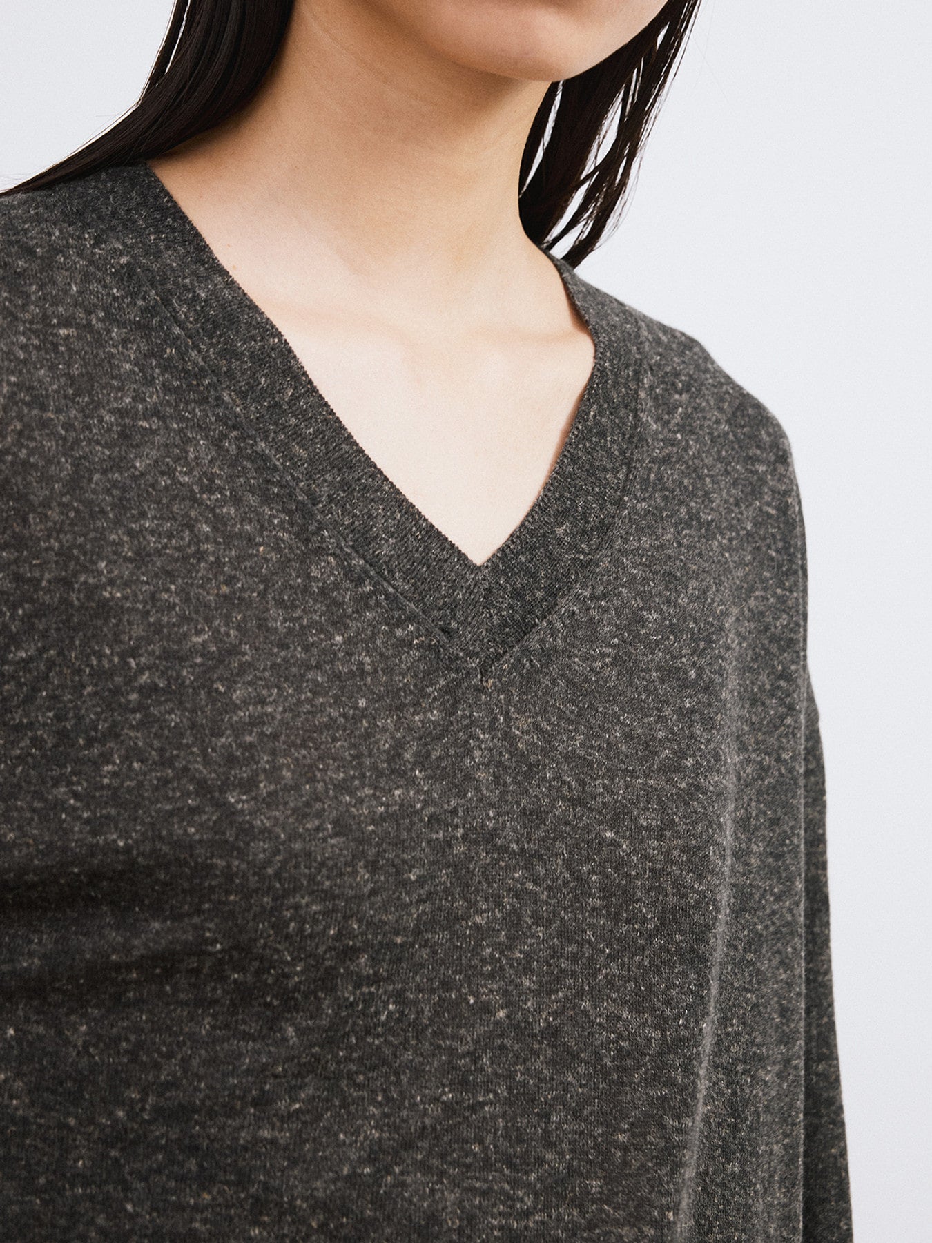 Melange V-Neck Loose Knit Top (Charcoal Grey)