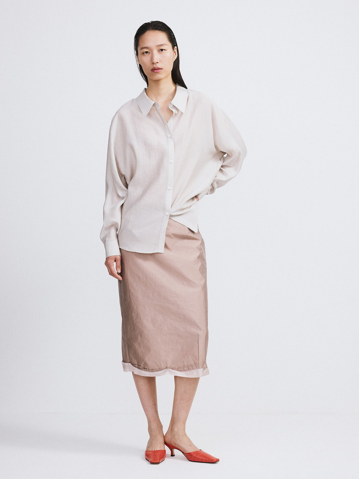 Silk Blend Volume Shirt (Light Taupe)