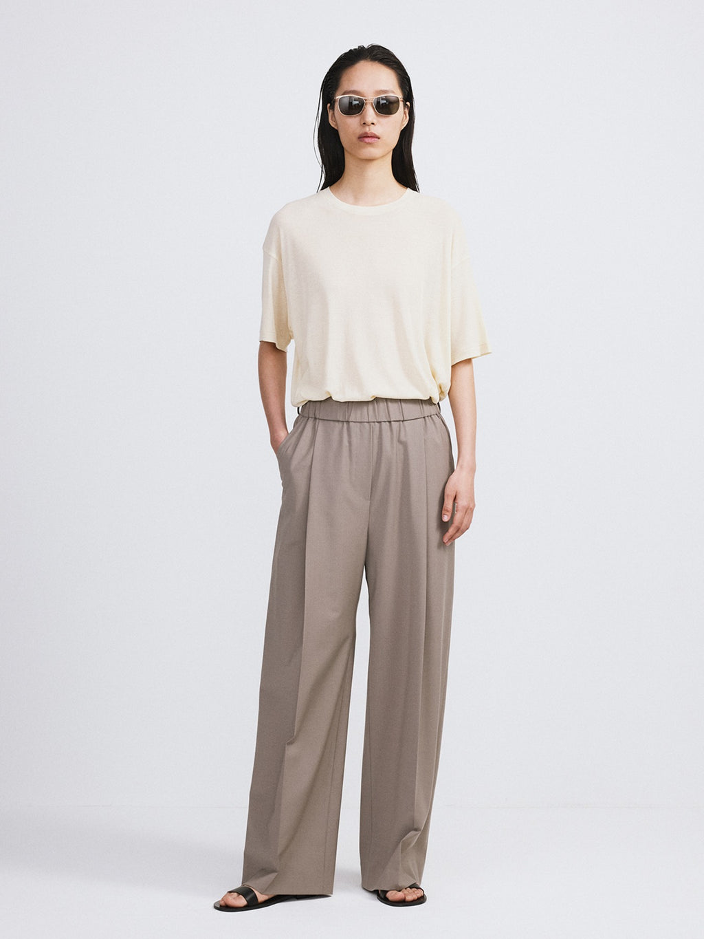 Banding Waist Wide Pants (Taupe Grey)
