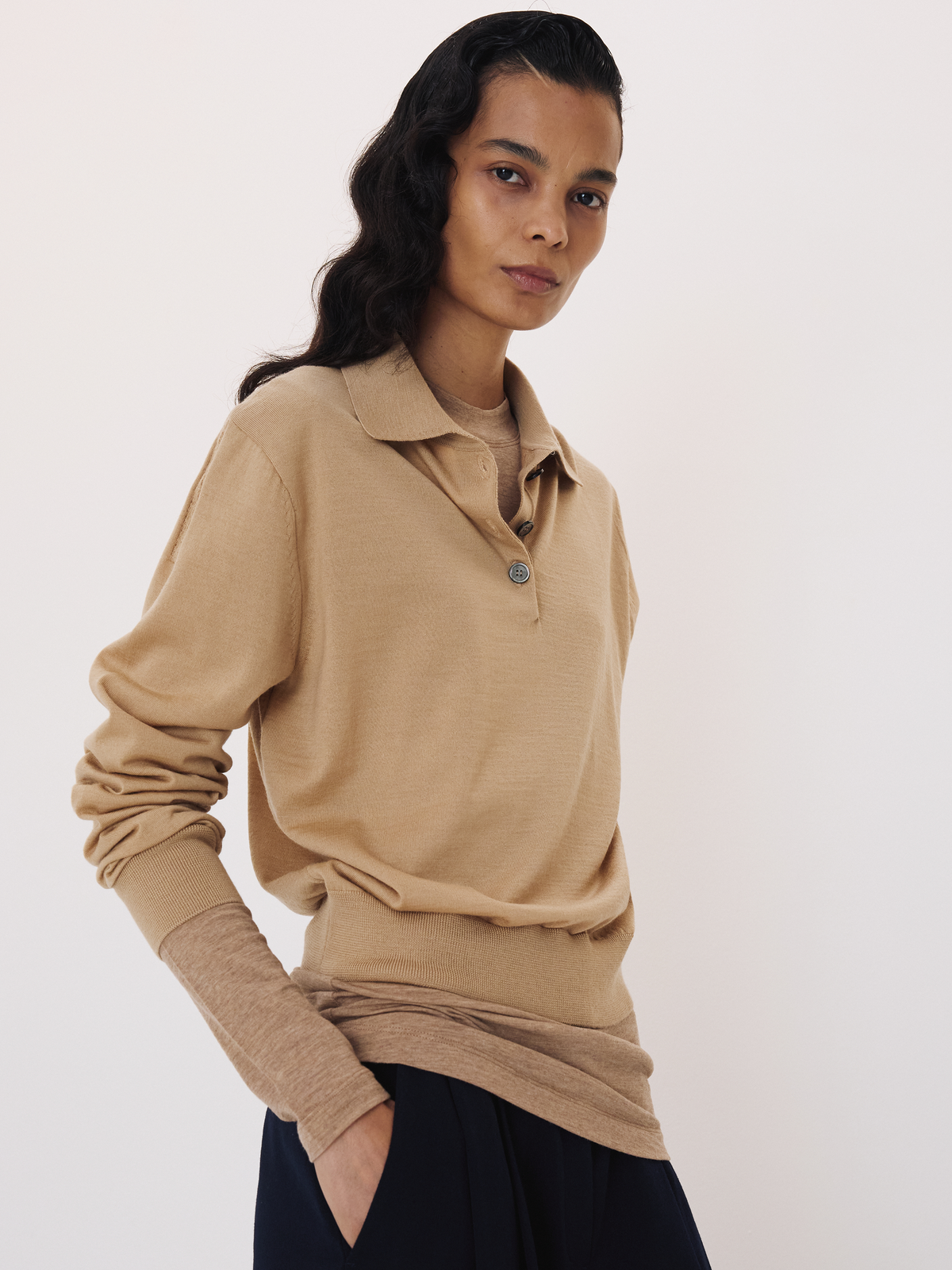 Classic Wool Polo Knit Top (Beige)