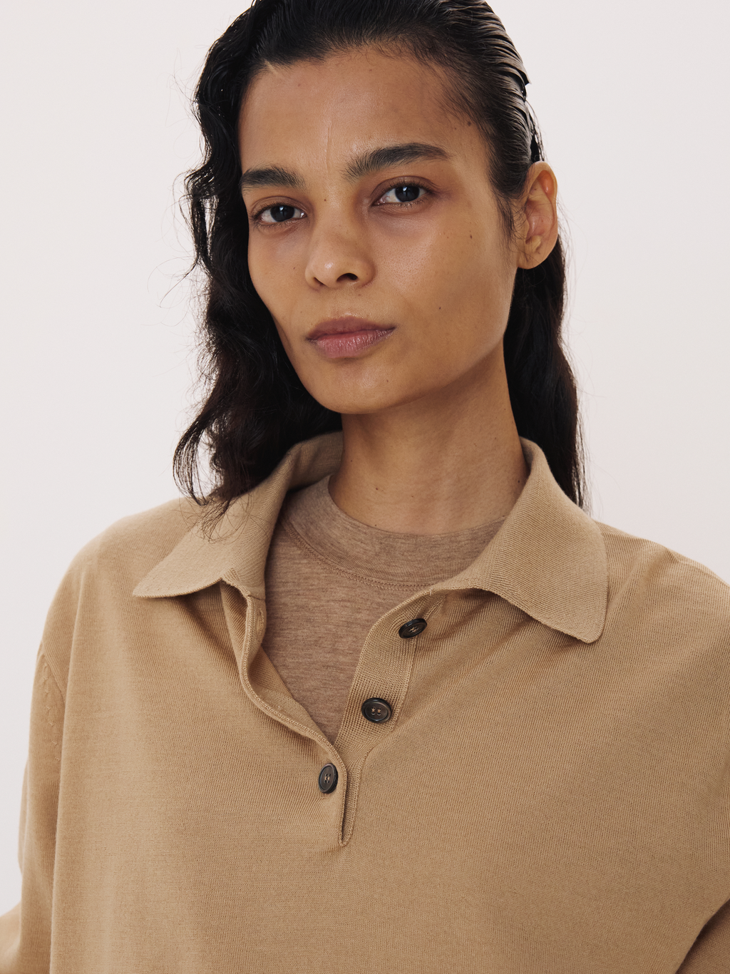 Classic Wool Polo Knit Top (Beige)