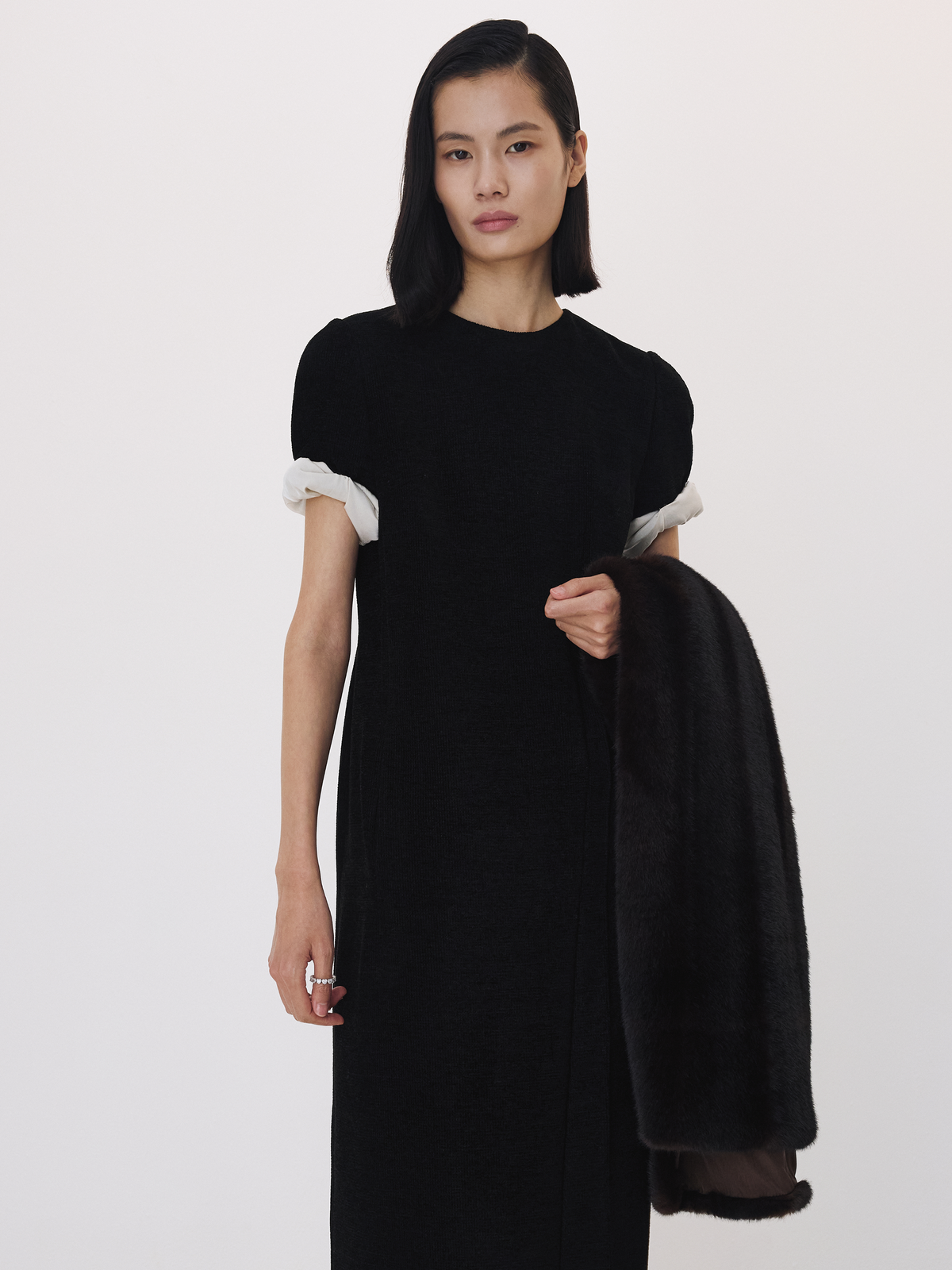 Contrast Turn-Up Sleeve Dress (Black)