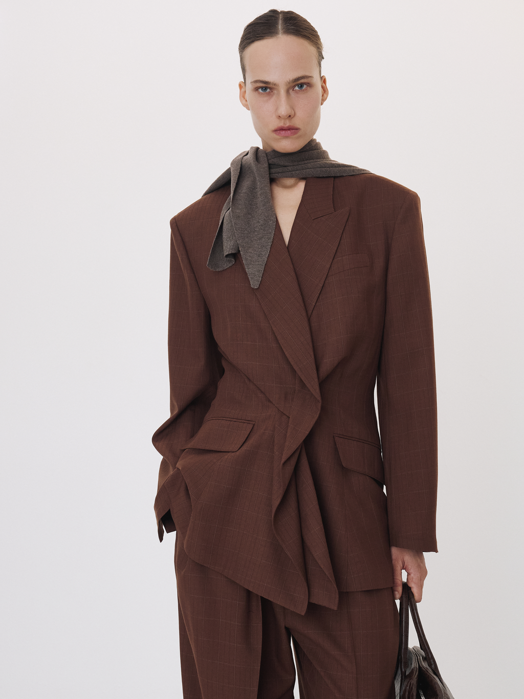 Draped Detail Check Jacket (Vintage Brown)