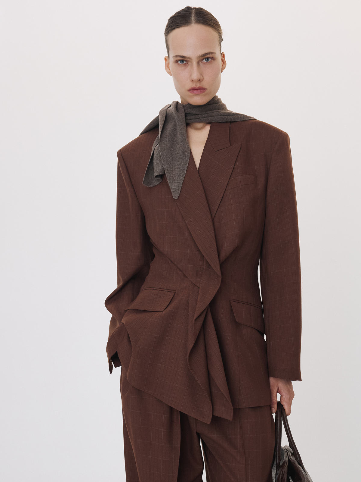 Draped Detail Check Jacket (Vintage Brown)