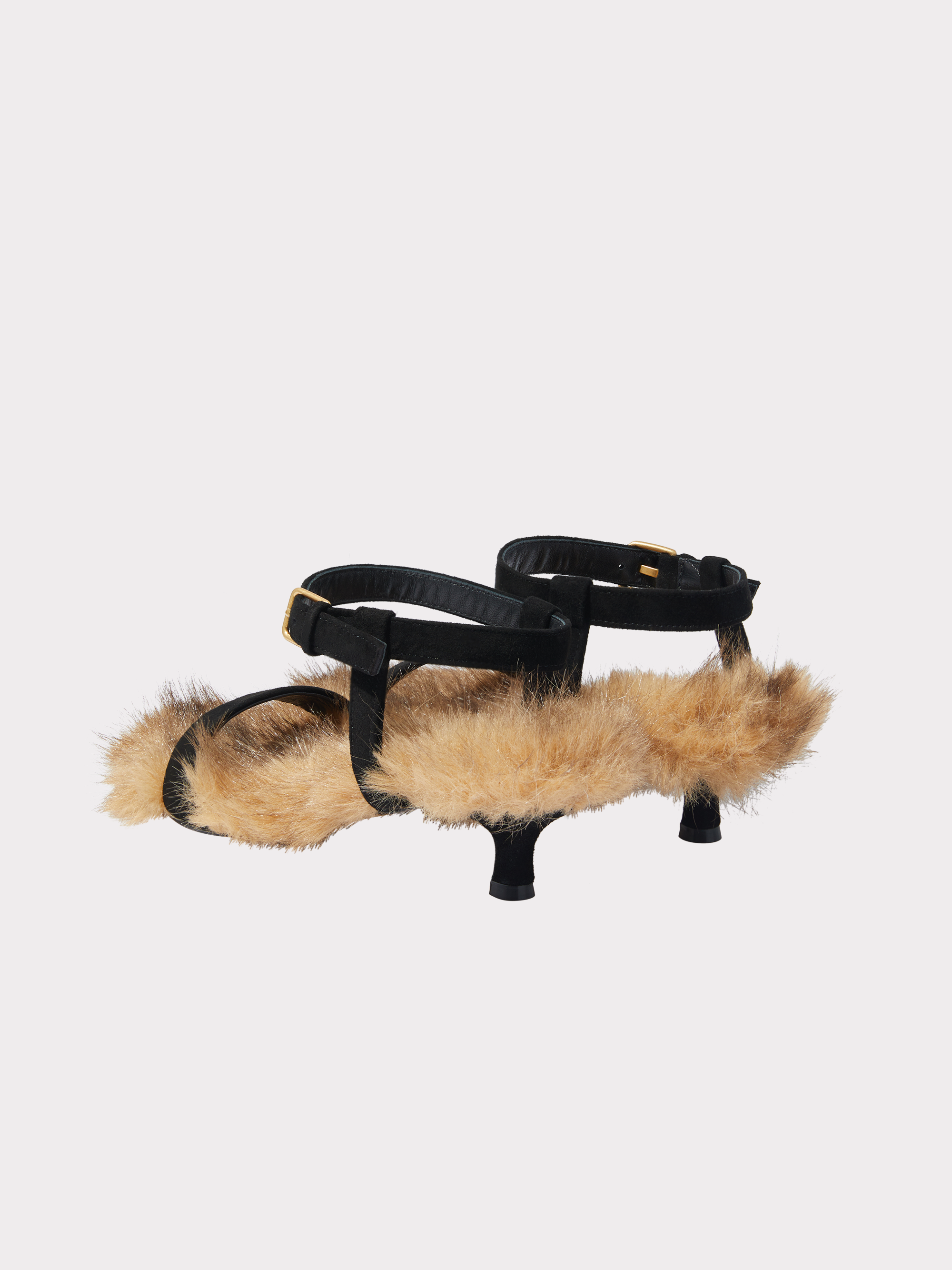 Faux Fur Strap Sandals (Black)