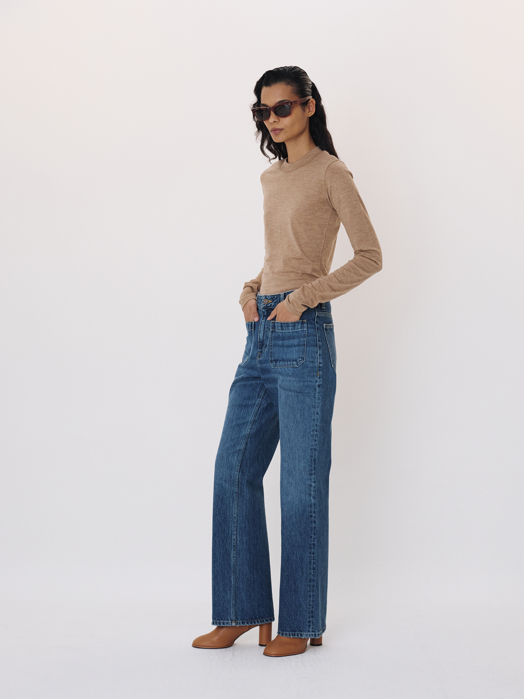Front Pocket Flare Denim Pants (Dusty Blue)