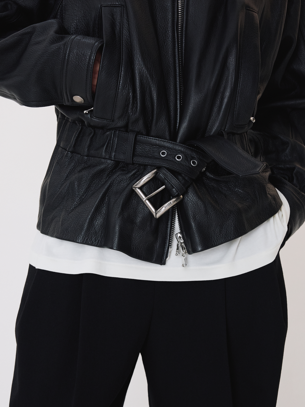High Neck Belted Leather Jumper (Black)