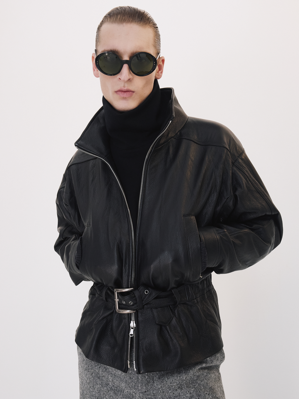 High Neck Belted Leather Jumper (Black)