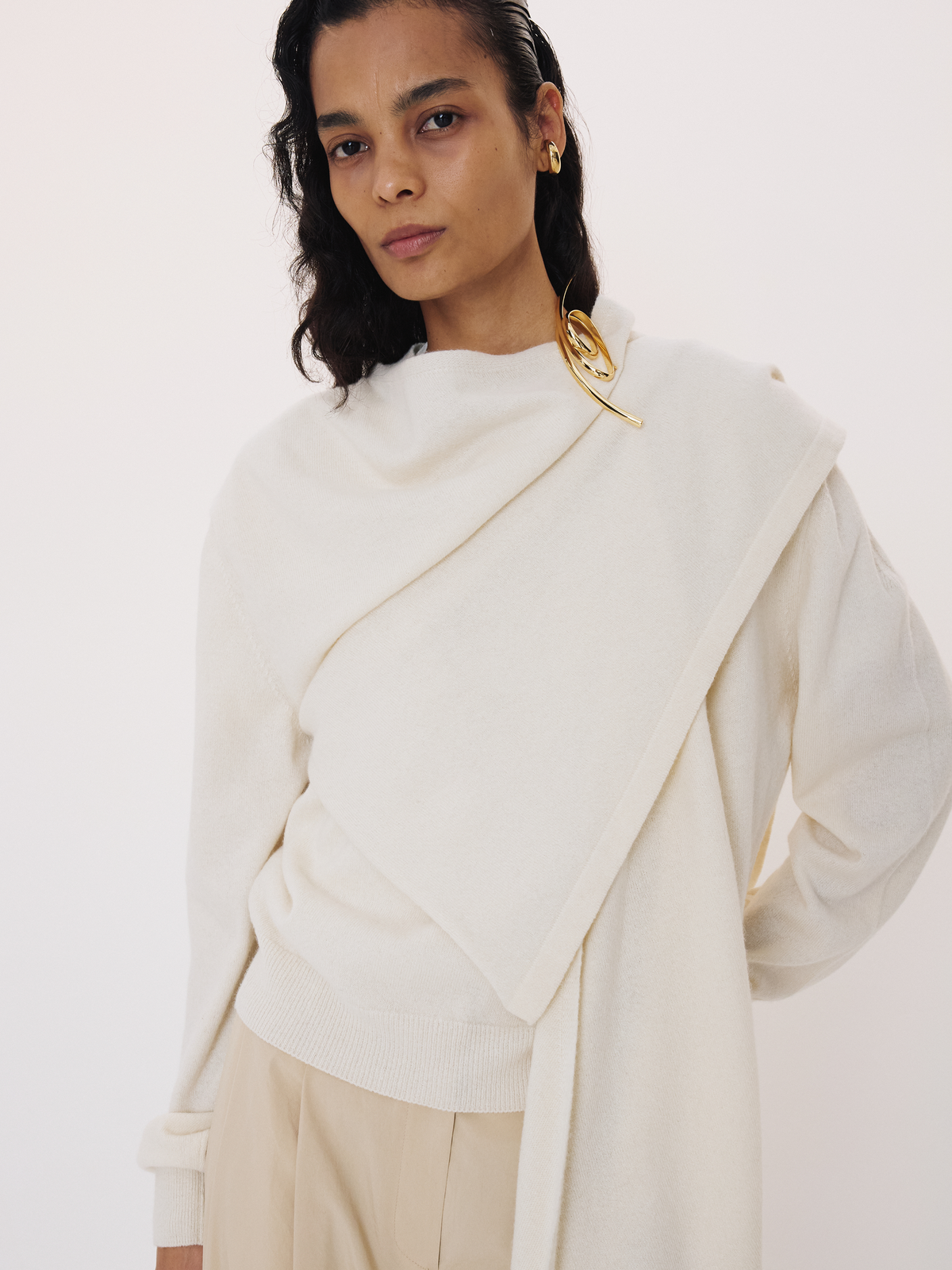 Layered Shawl Knit Top (Cream)