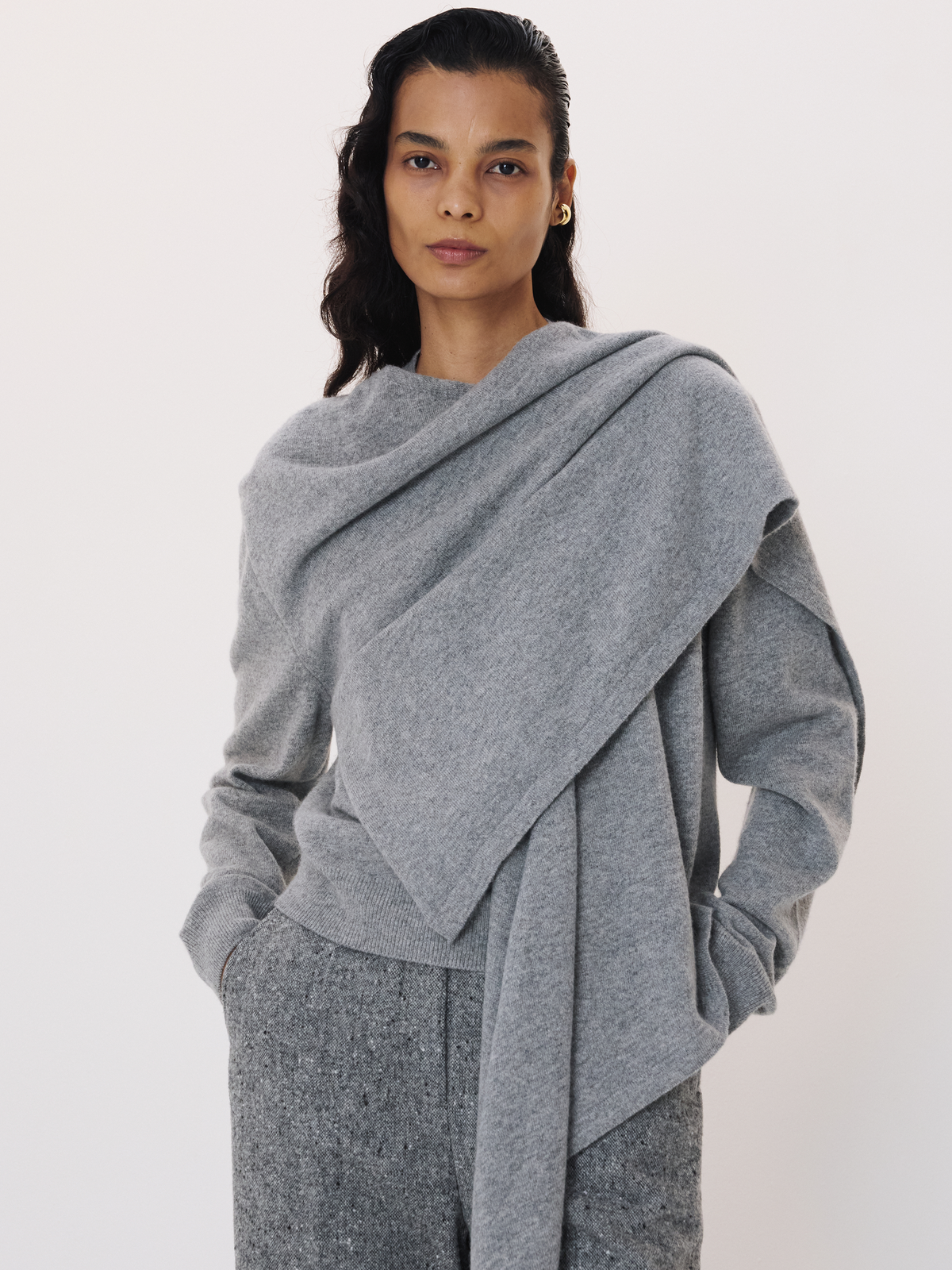 Layered Shawl Knit Top (Melange Grey)