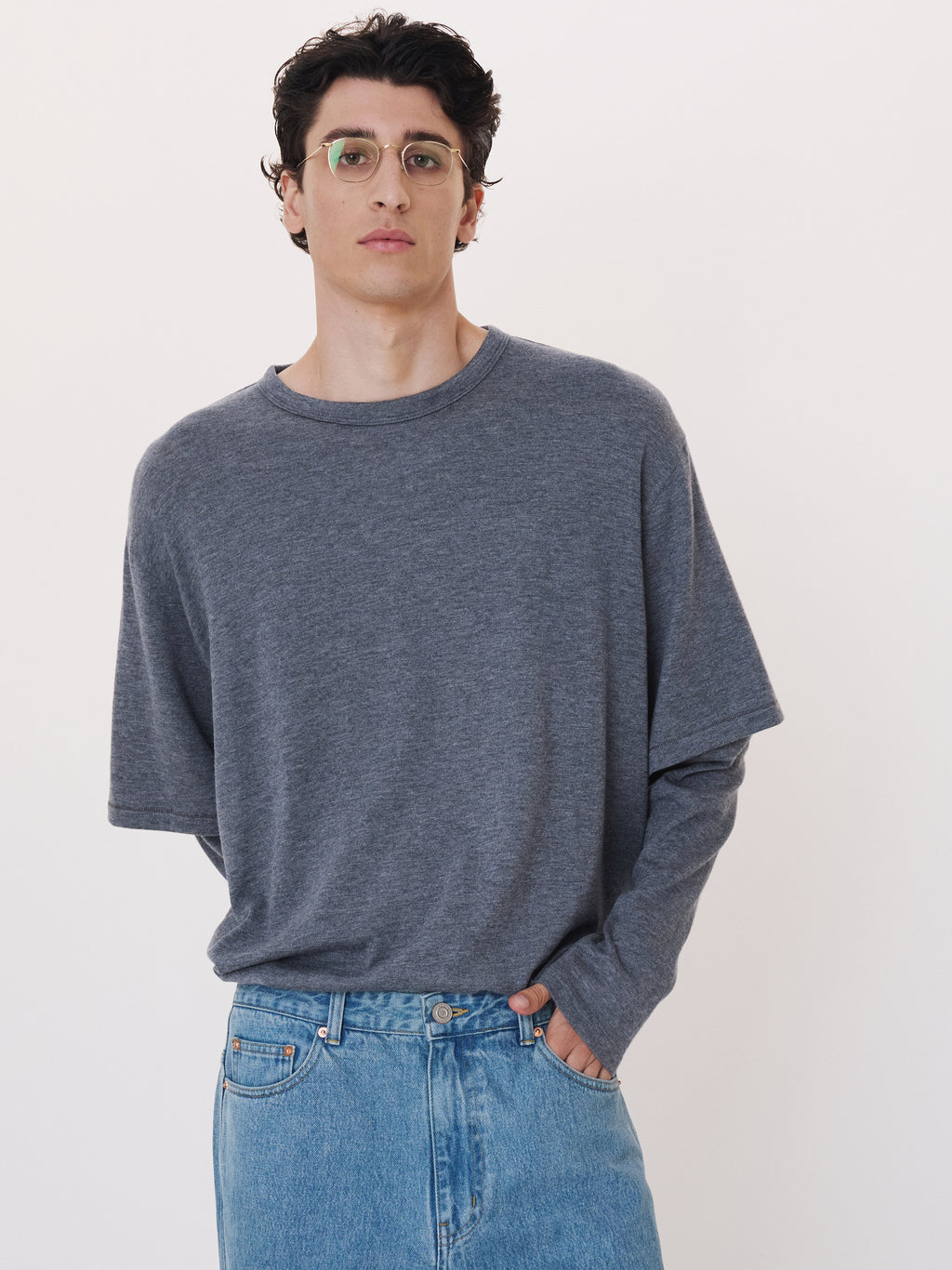 Layered Sleeves Wool Silk Top (Melange Grey)